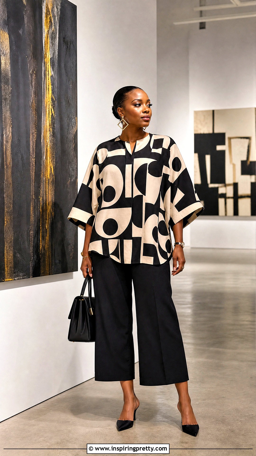 Geometric Print Bubu Top With Black Culottes - 50 bubu top style ideas