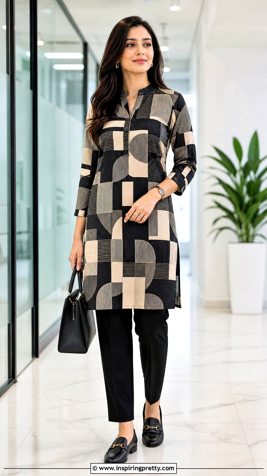 Geometric Print Kurti With Black Jeans - 50 kurti tops for jeans