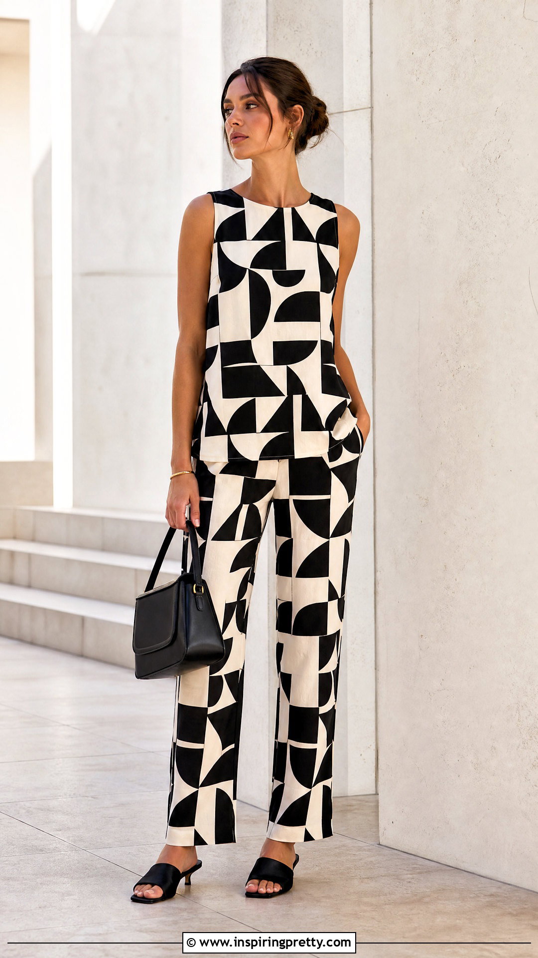 Geometric Print Top And Pants Set - 50 top and down for ladies