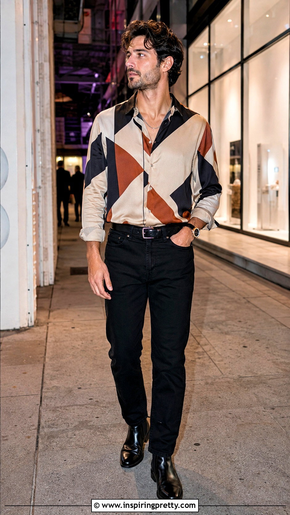 Geometric Silk Shirt With Black Jeans - 25 mens silk tops