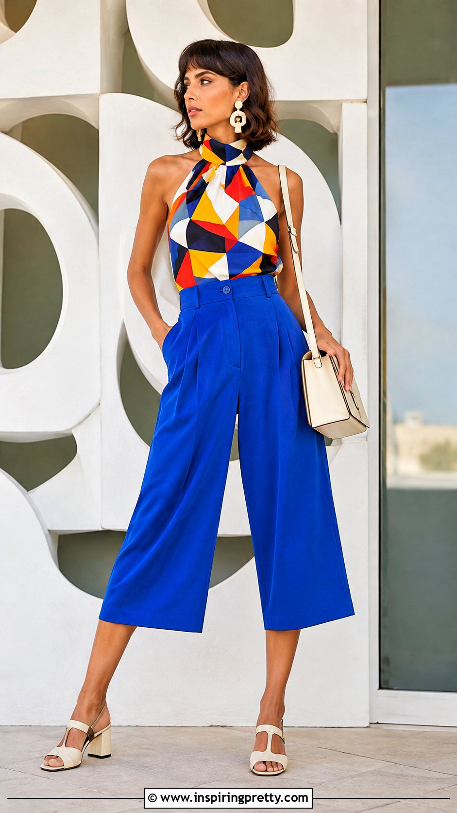 Geometric Vintage Halter Top With Culottes - 50 vintage halter top outfit ideas