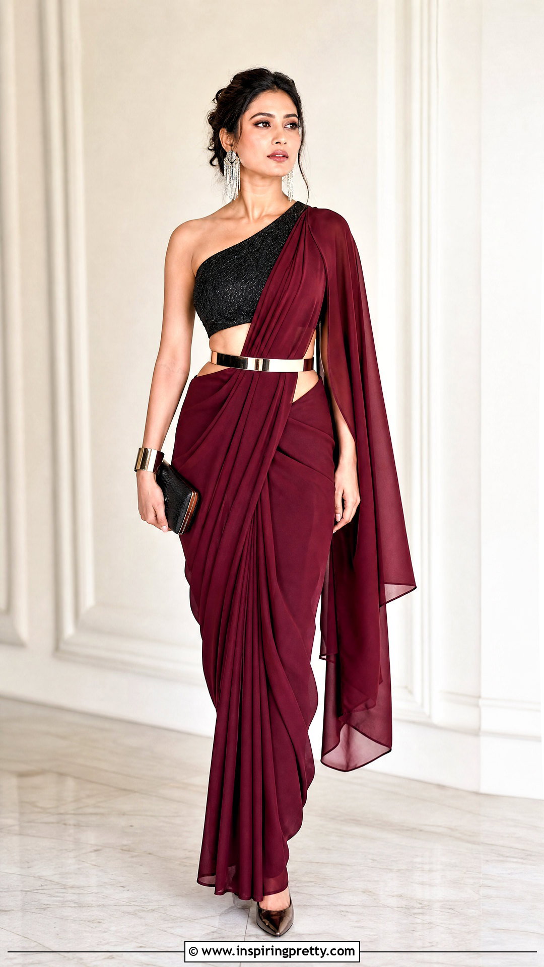 Georgette Saree With One Shoulder Crop Top - 50 saree with crop top outfit ideas