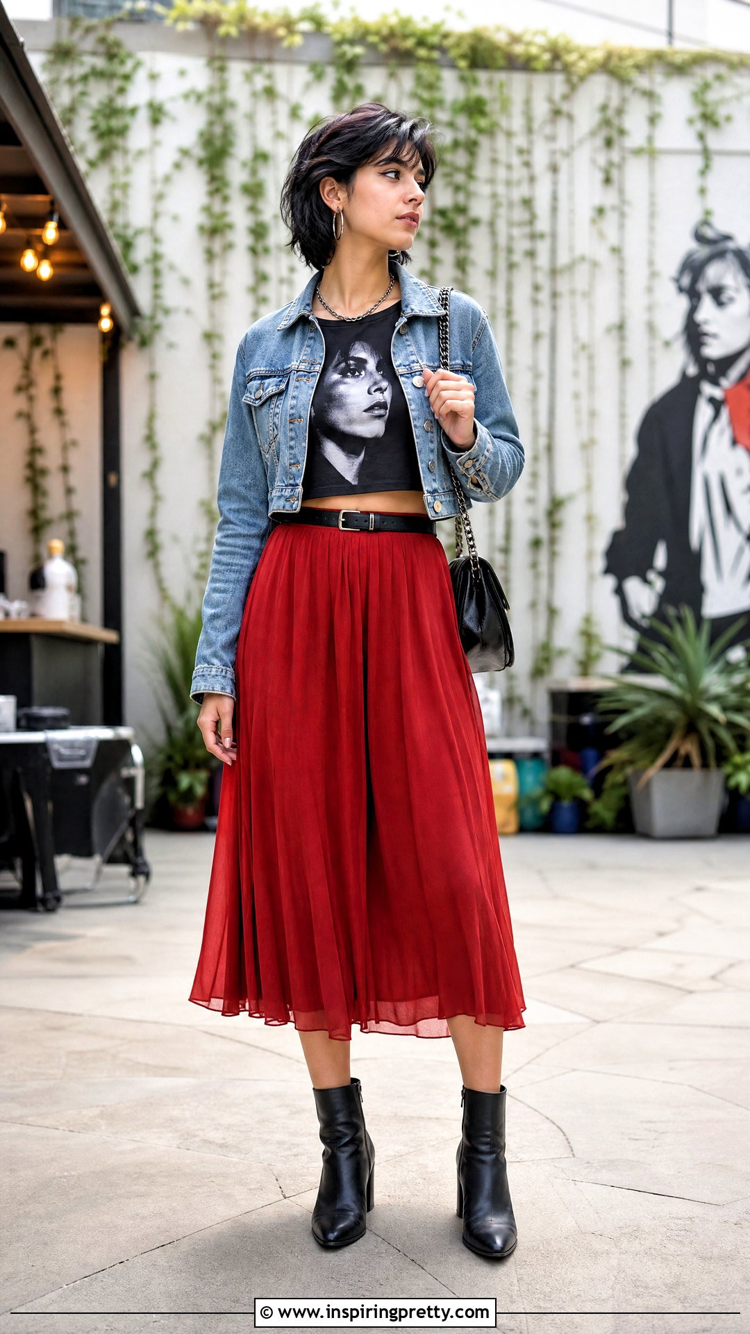 Gerard Way Crop Top With Red Midi Skirt - 25 Gerard Way Crop Top outfit ideas