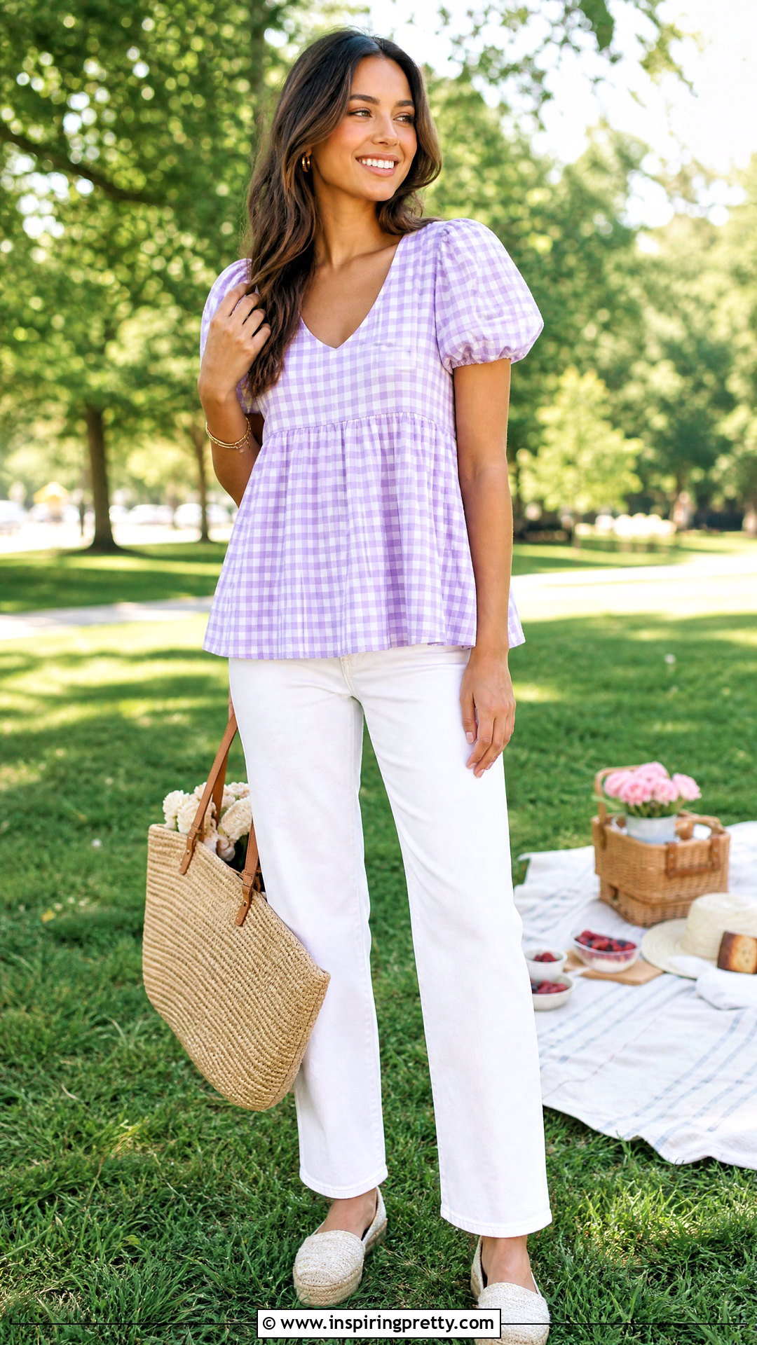 Gingham Babydoll Top With White Jeans - 50 whimsical tops outfit ideas