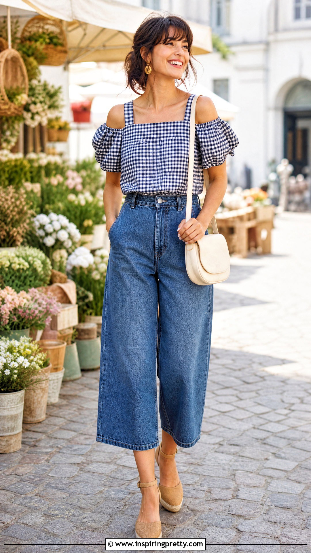 Gingham Cold Shoulder Top With Denim Culottes - 50 cold shoulder top outfit ideas