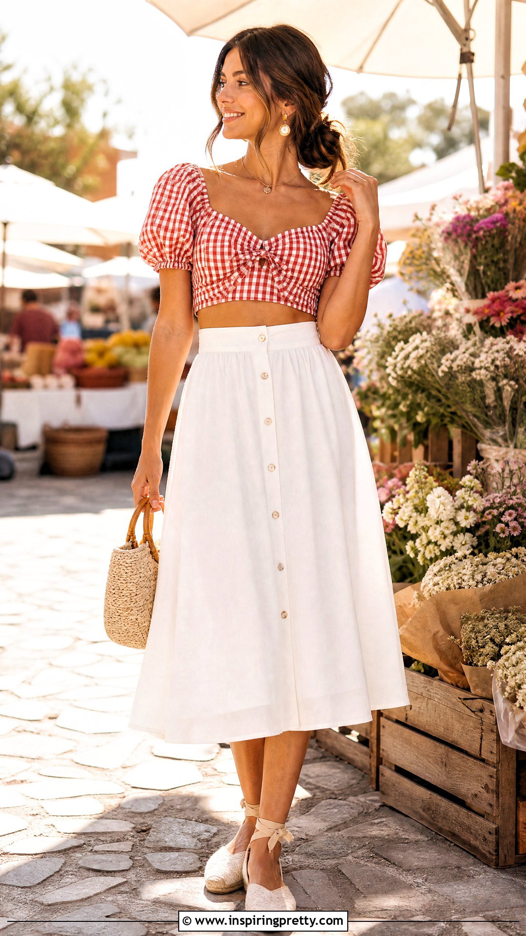 Gingham Crop Top With White Midi Skirt - 50 cool crop tops outfit ideas