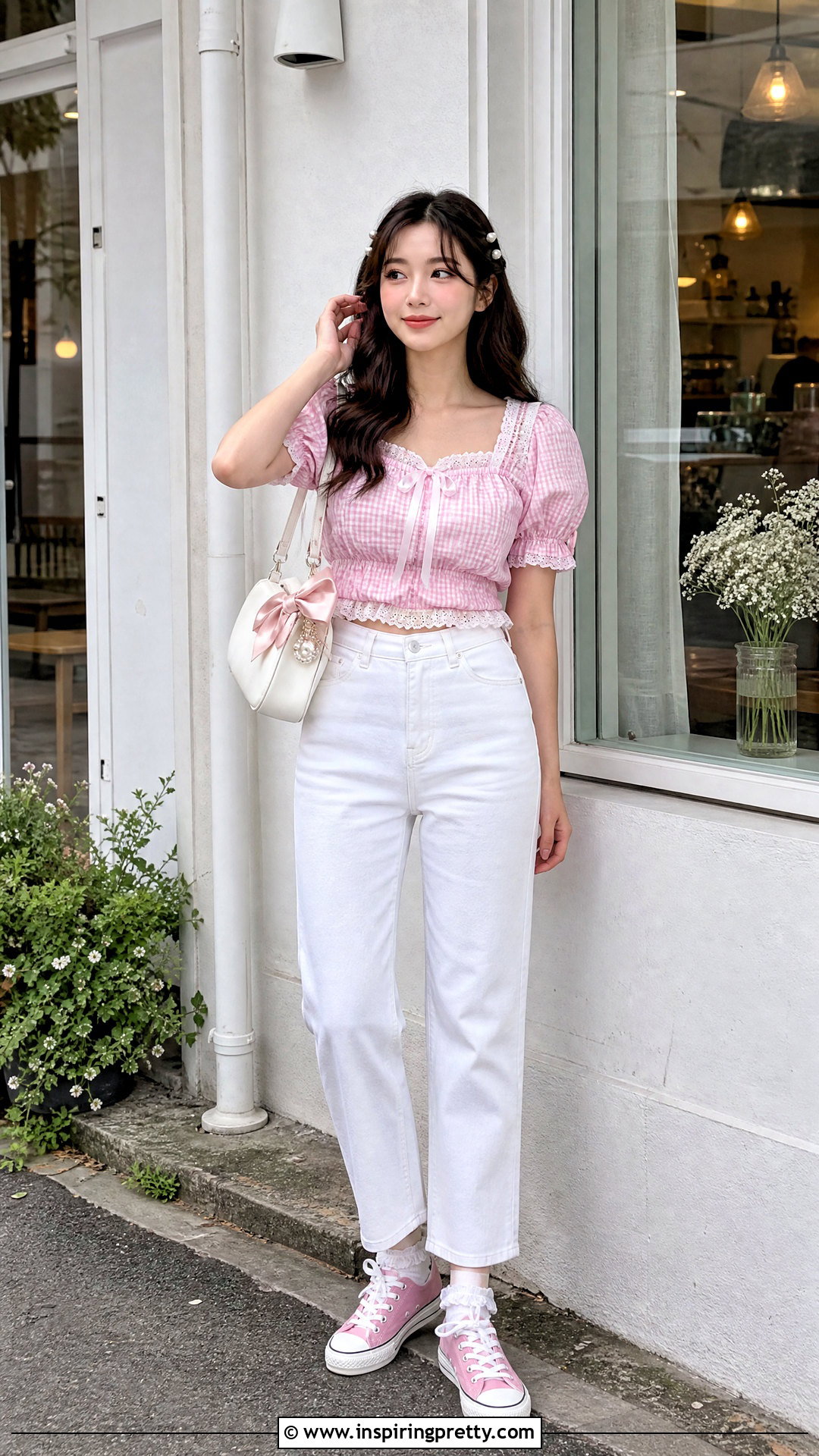 Gingham Cutecore Top With White Jeans - 50 Cutecore Top outfit ideas