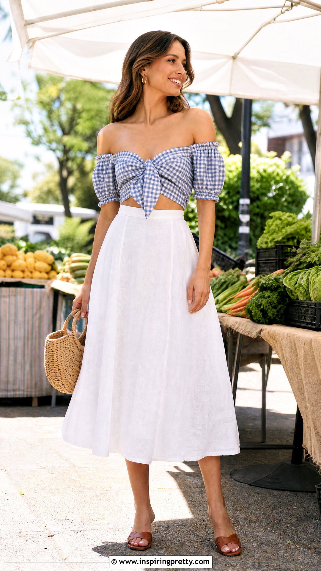 Gingham Knot Off The Shoulder Top With A Linen Midi Skirt - 20 Knot Off The Shoulder Top outfit ideas