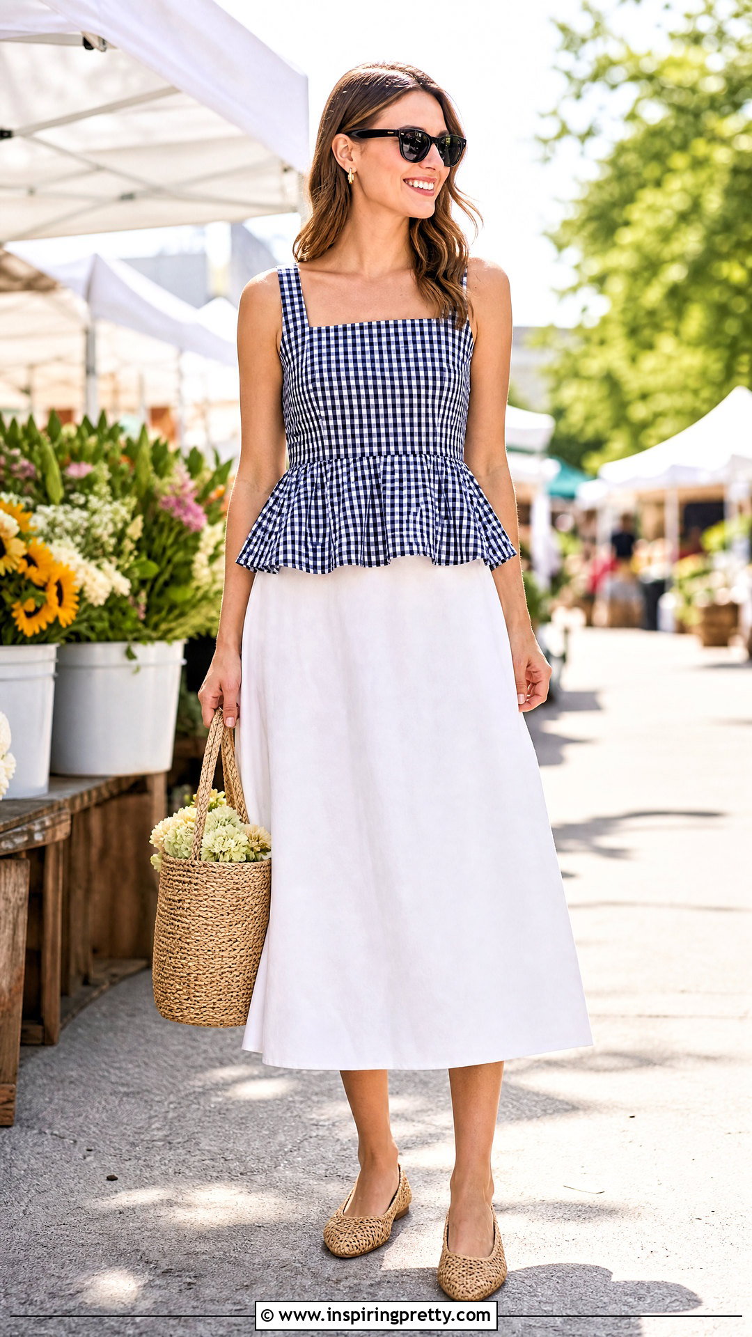 Gingham Peplum Top With White Midi Skirt - 50 peplum top with skirt outfits