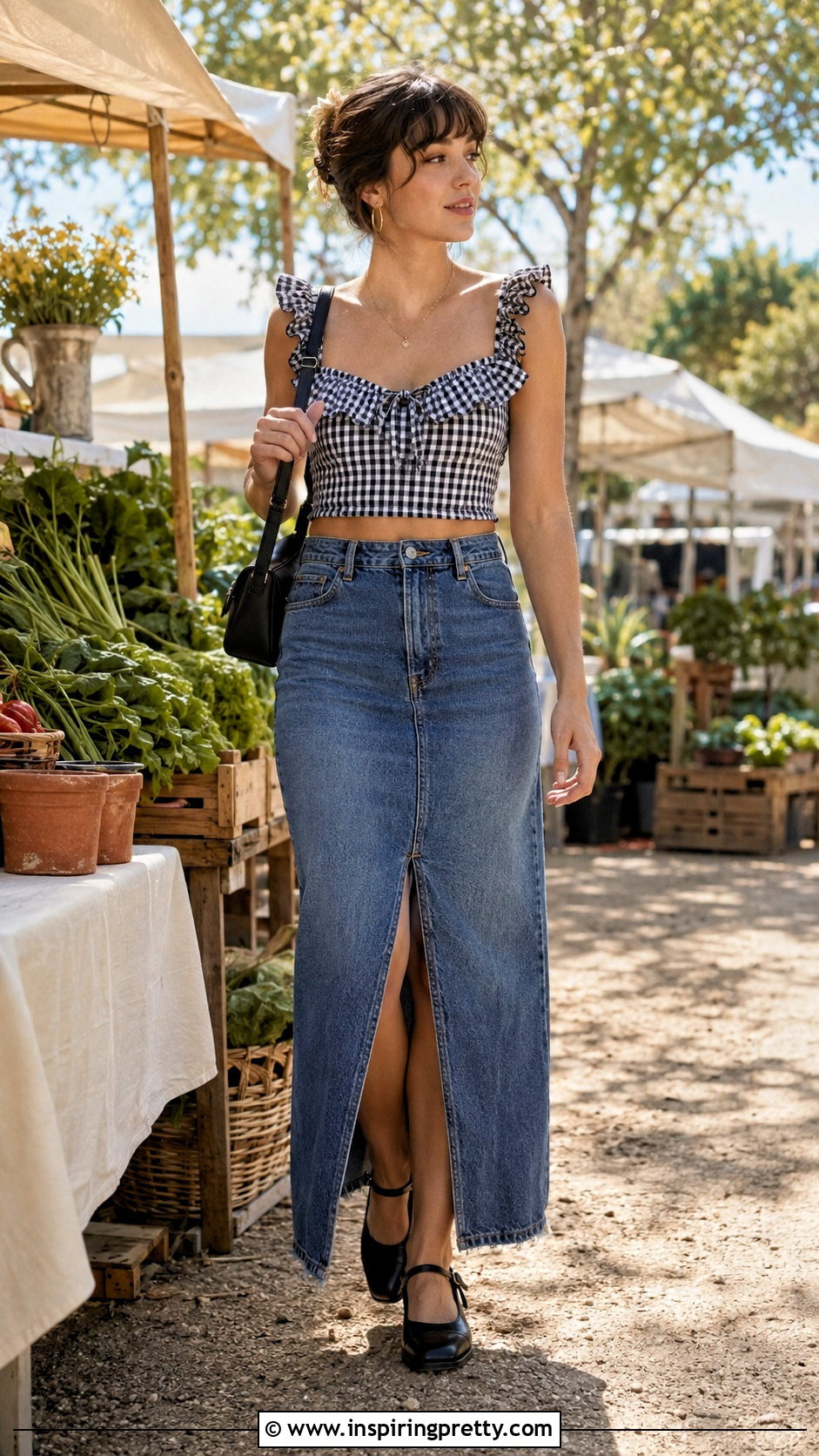 Gingham Ruffled Crop Top With Denim Maxi Skirt - 20 ruffled crop top fashion ideas