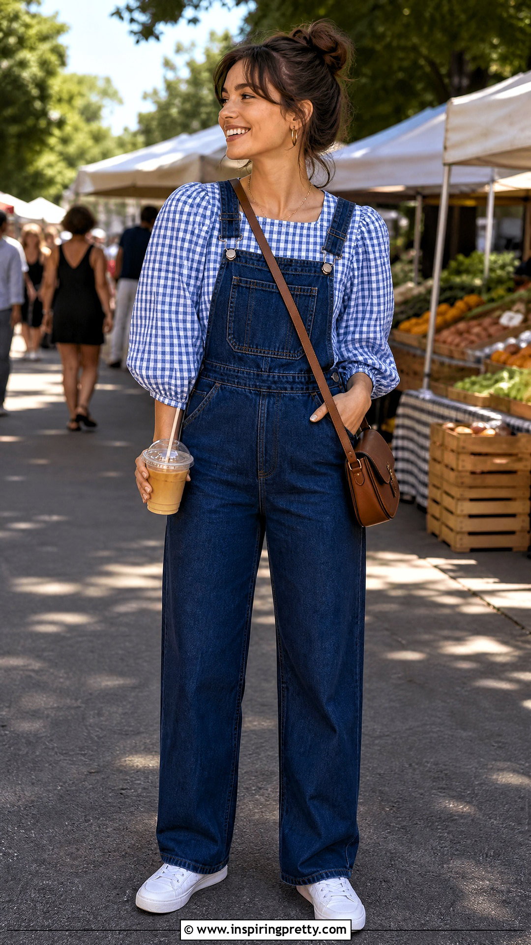 Gingham Shirt With Denim Overalls - 50 gingham top outfit ideas