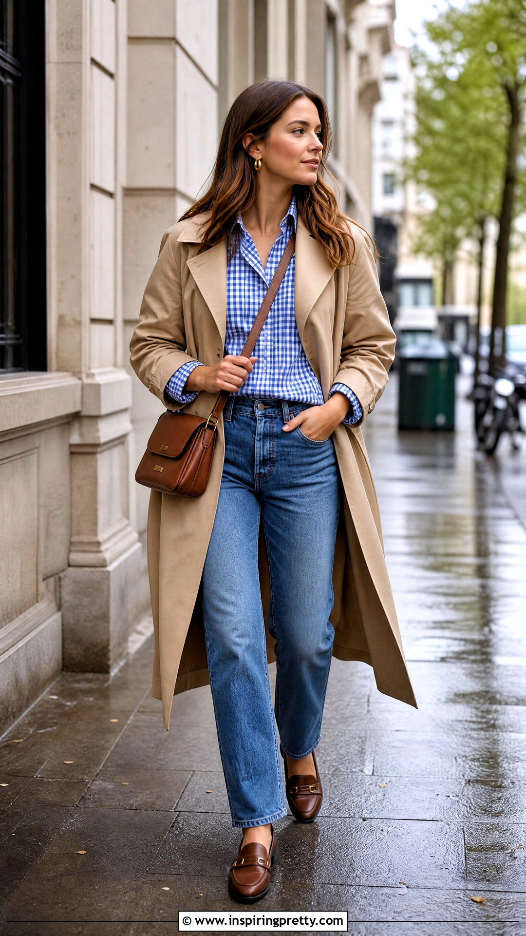 Gingham Shirt With Trench Coat And Jeans - 50 gingham top outfit ideas