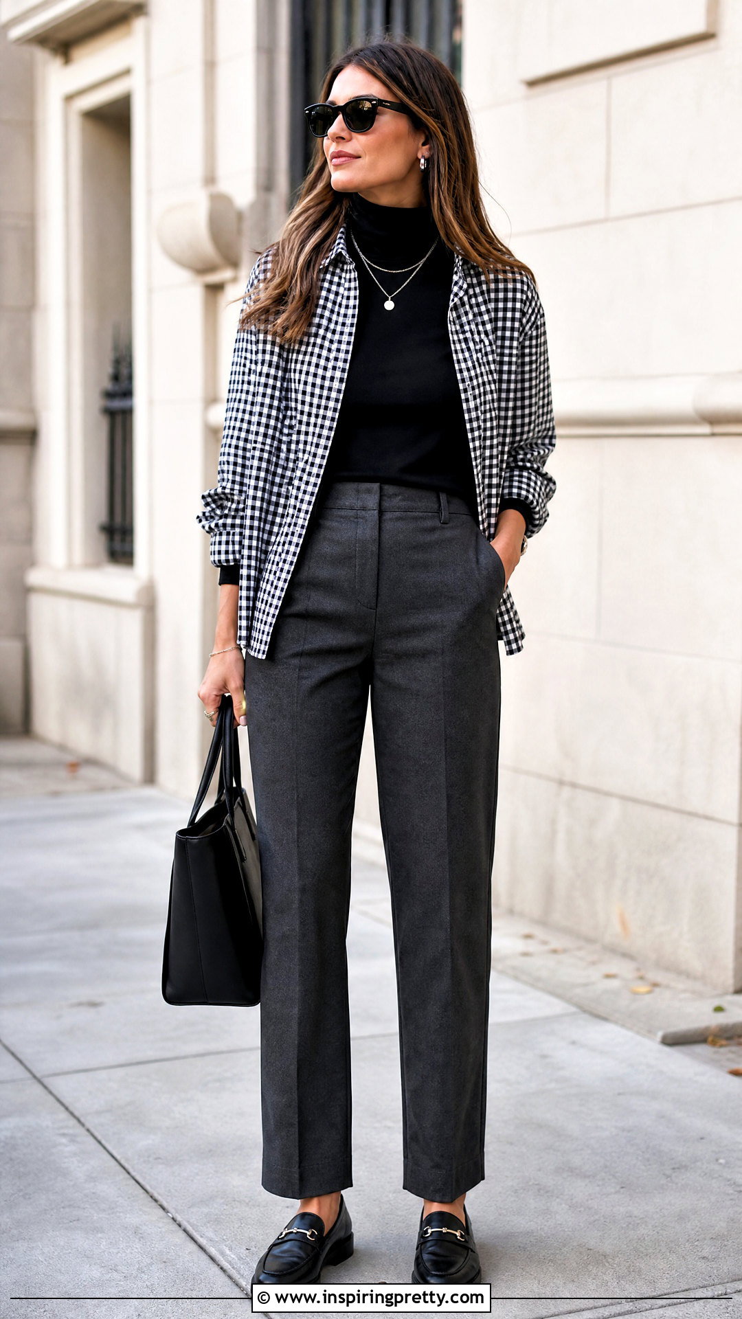 Gingham Shirt With Turtleneck And Trousers - 50 gingham top outfit ideas