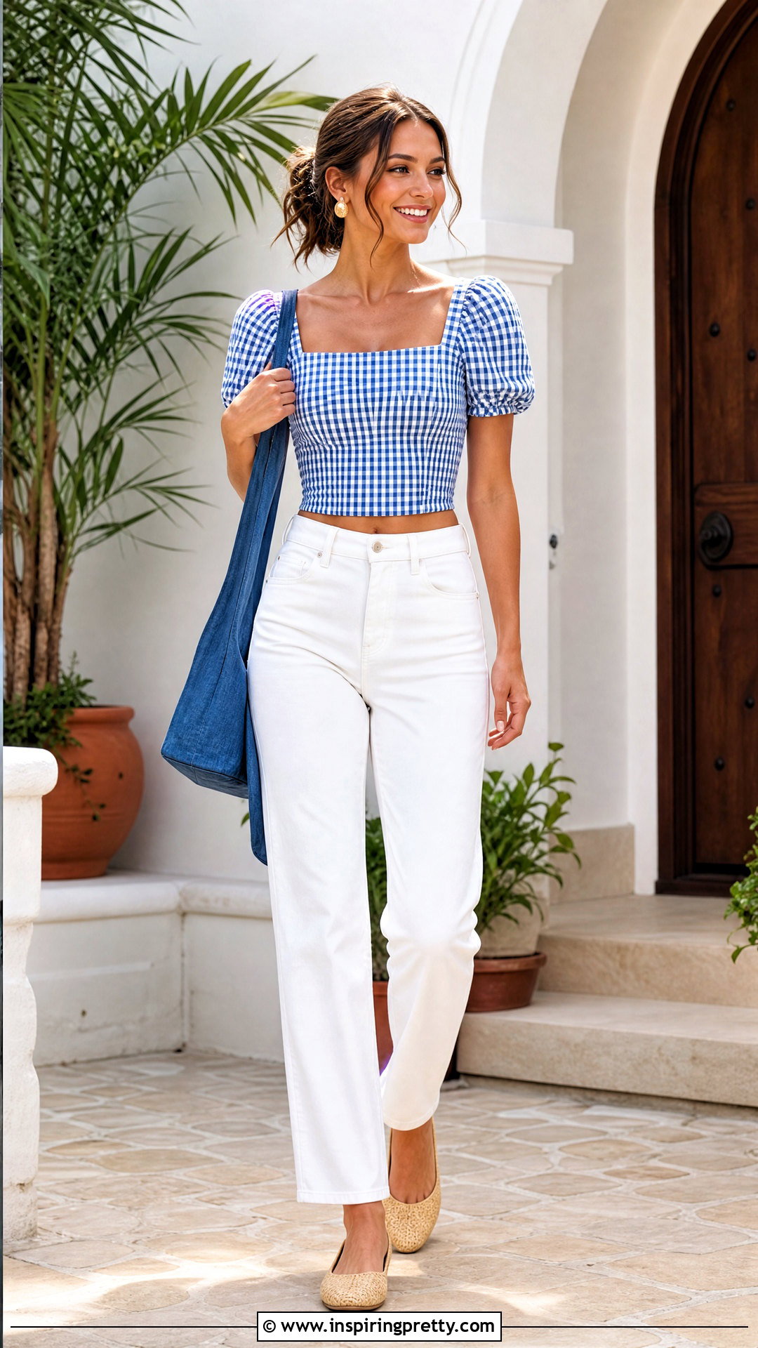 Gingham Short Top With Straight Leg Jeans - 50 short tops designs for jeans