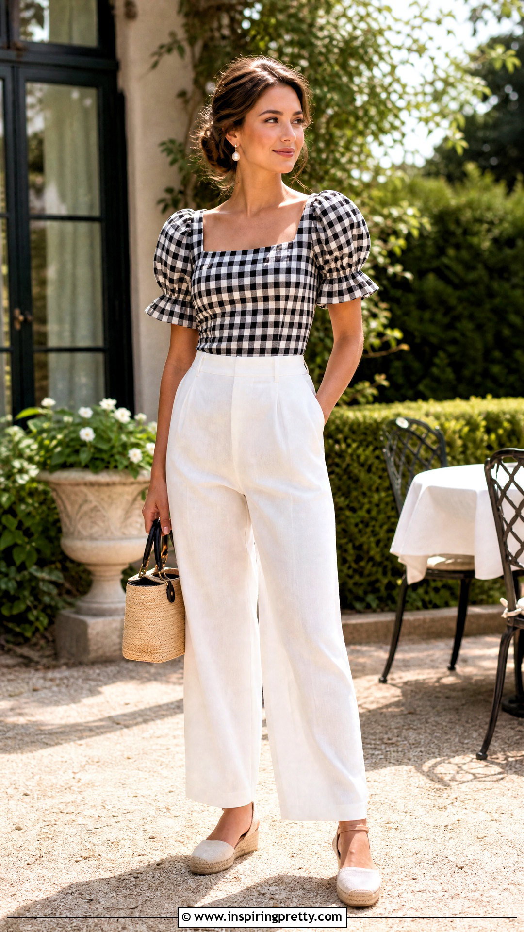 Gingham Square Neck Top With Linen Pants - 50 square neck tops outfit ideas