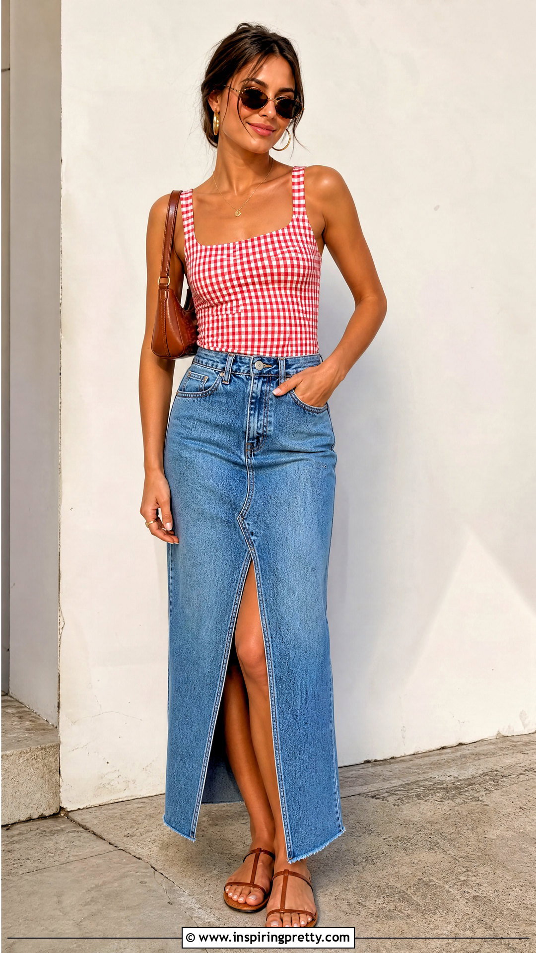 Gingham Tank Top With Denim Maxi Skirt - 50 gingham top outfit ideas