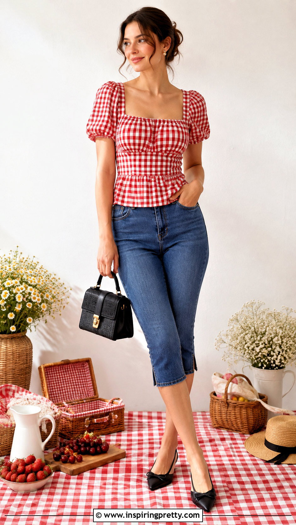 Gingham Top And Denim Capri Outfit - 50 trendy summer tops outfit ideas