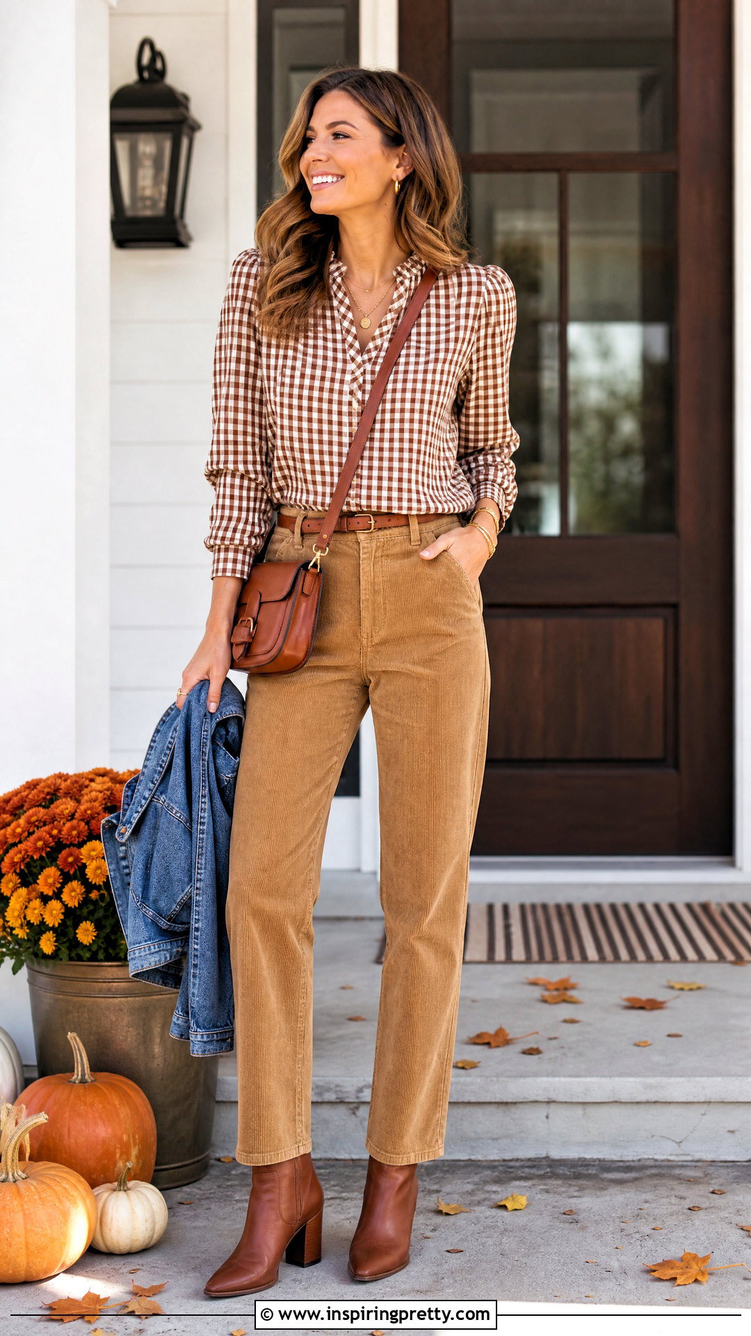 Gingham Top With Corduroy Pants - 50 gingham top outfit ideas