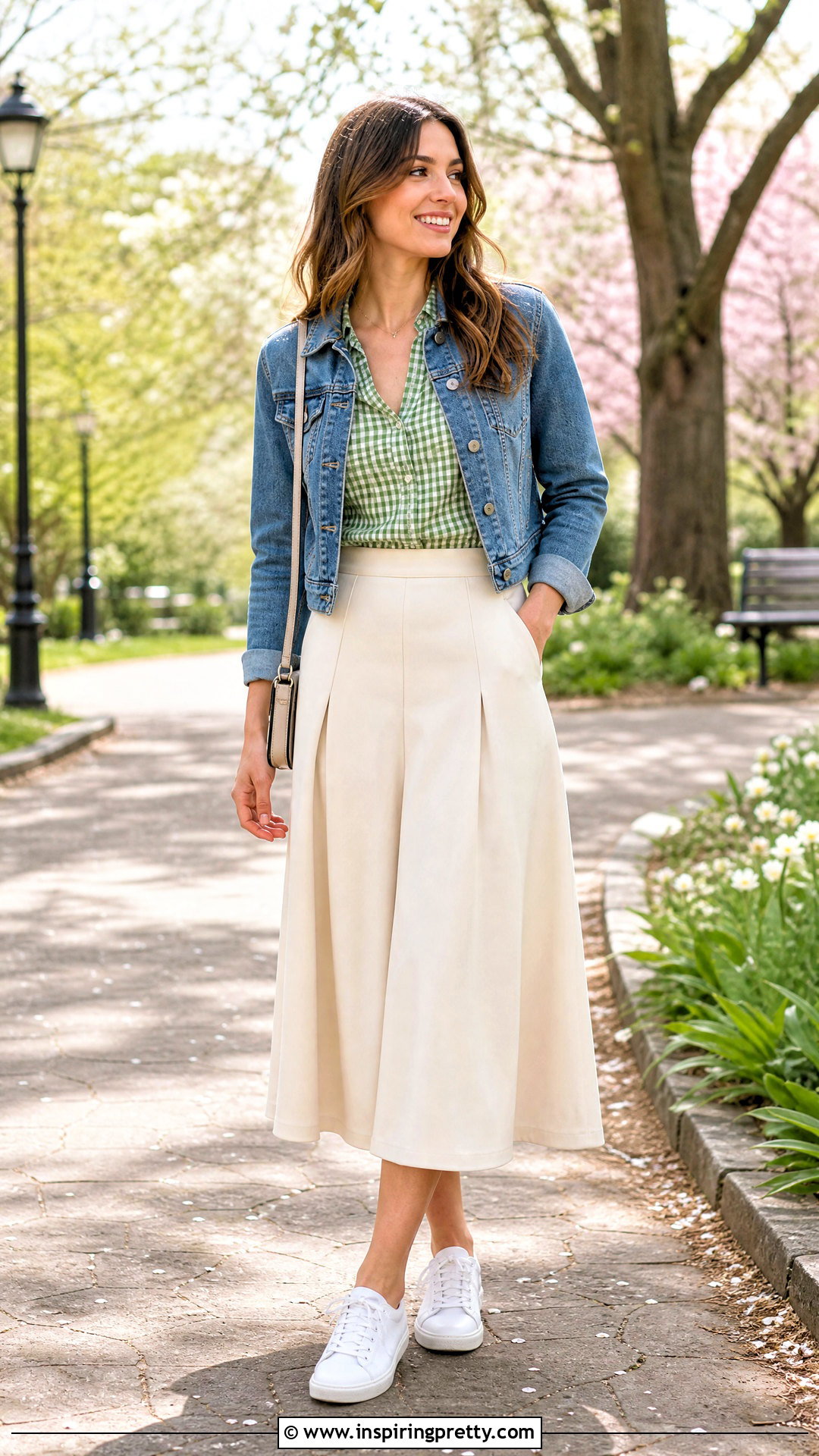 Gingham Top With Denim Jacket And Midi Skirt - 50 gingham top outfit ideas