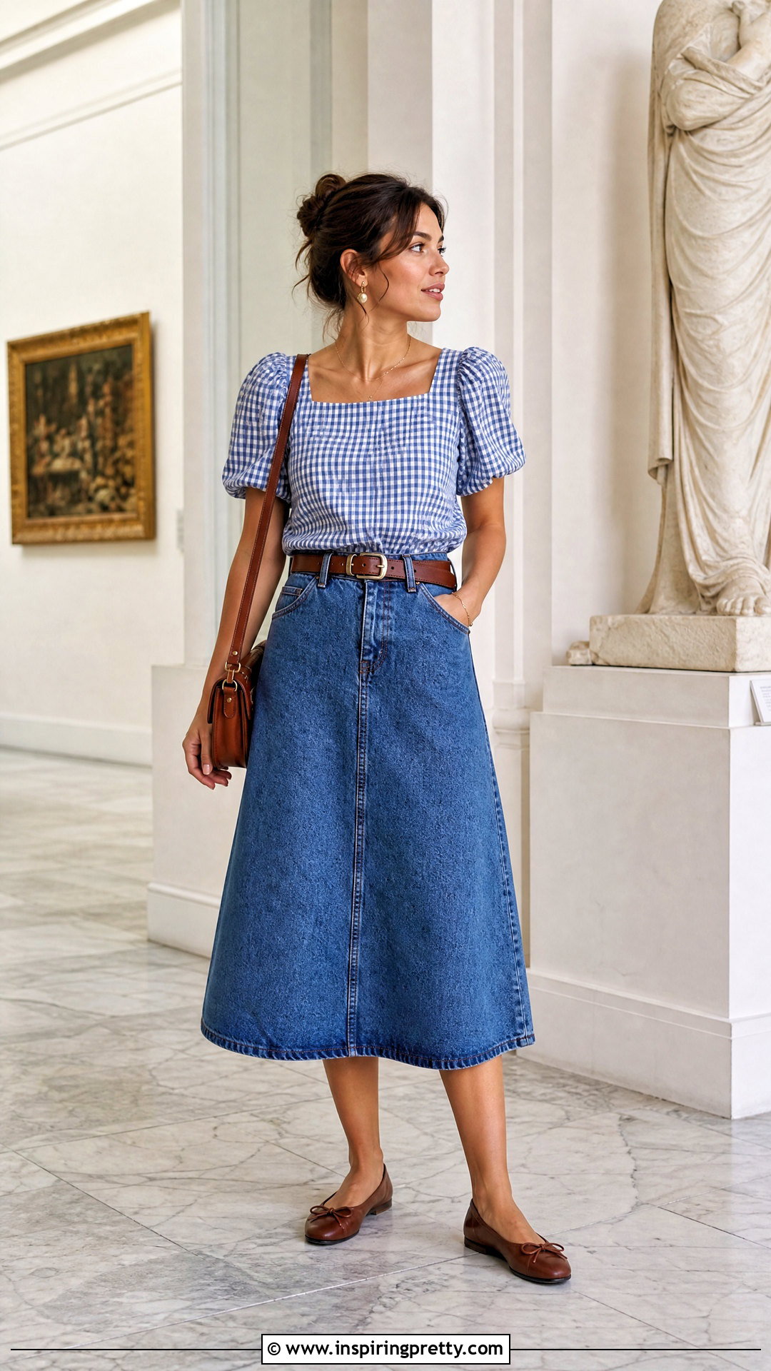 Gingham Top With Denim Midi Skirt - 50 beautiful top designs
