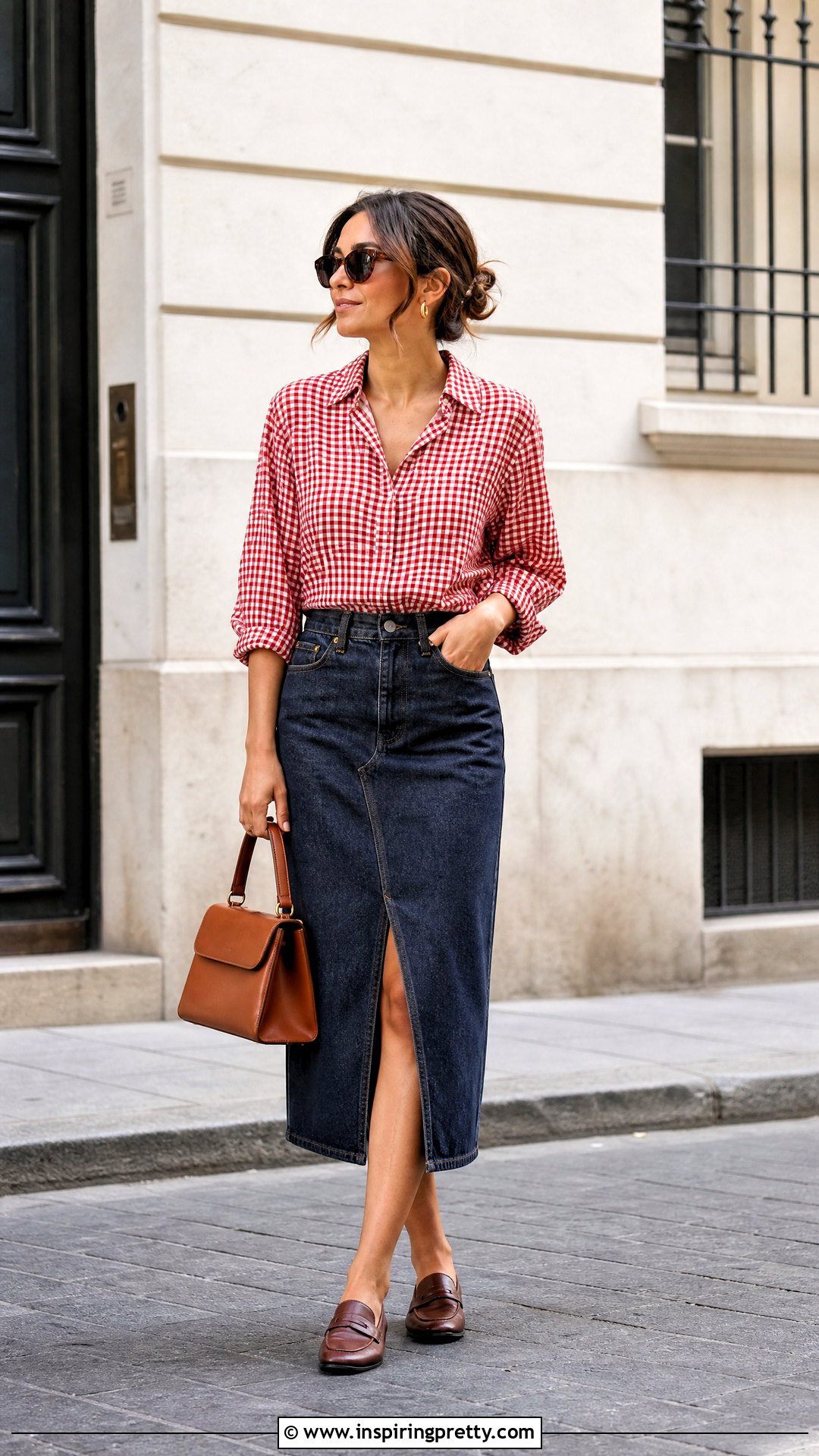 Gingham Top With Denim Midi Skirt - how to style gingham tops (20 ways)