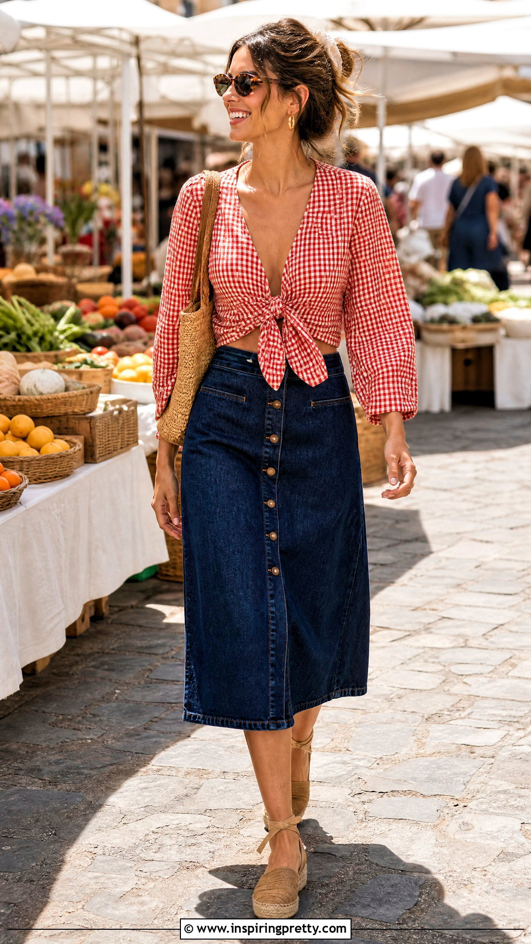 Gingham Top With Denim Midi Skirt - 20 vintage style gingham top outfit ideas