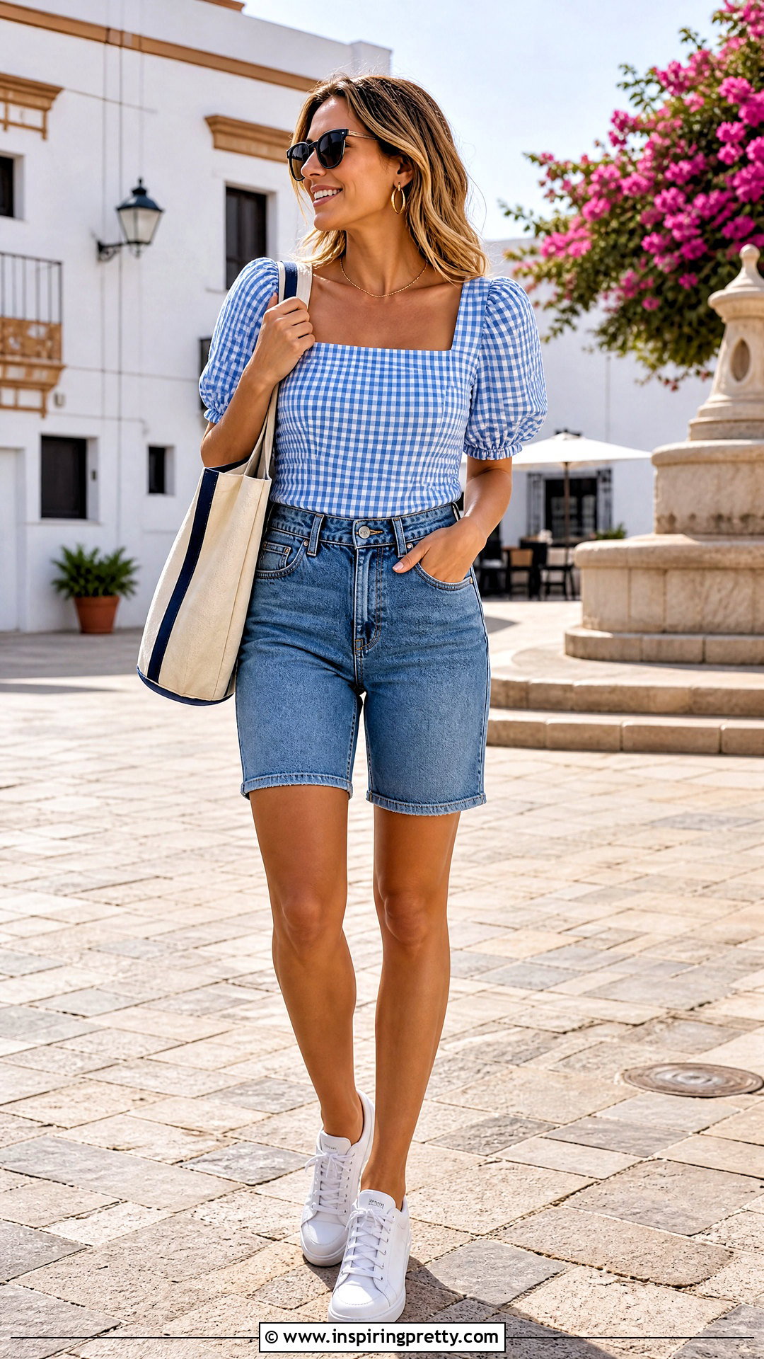 Gingham Top With Denim Shorts - 50 women's top