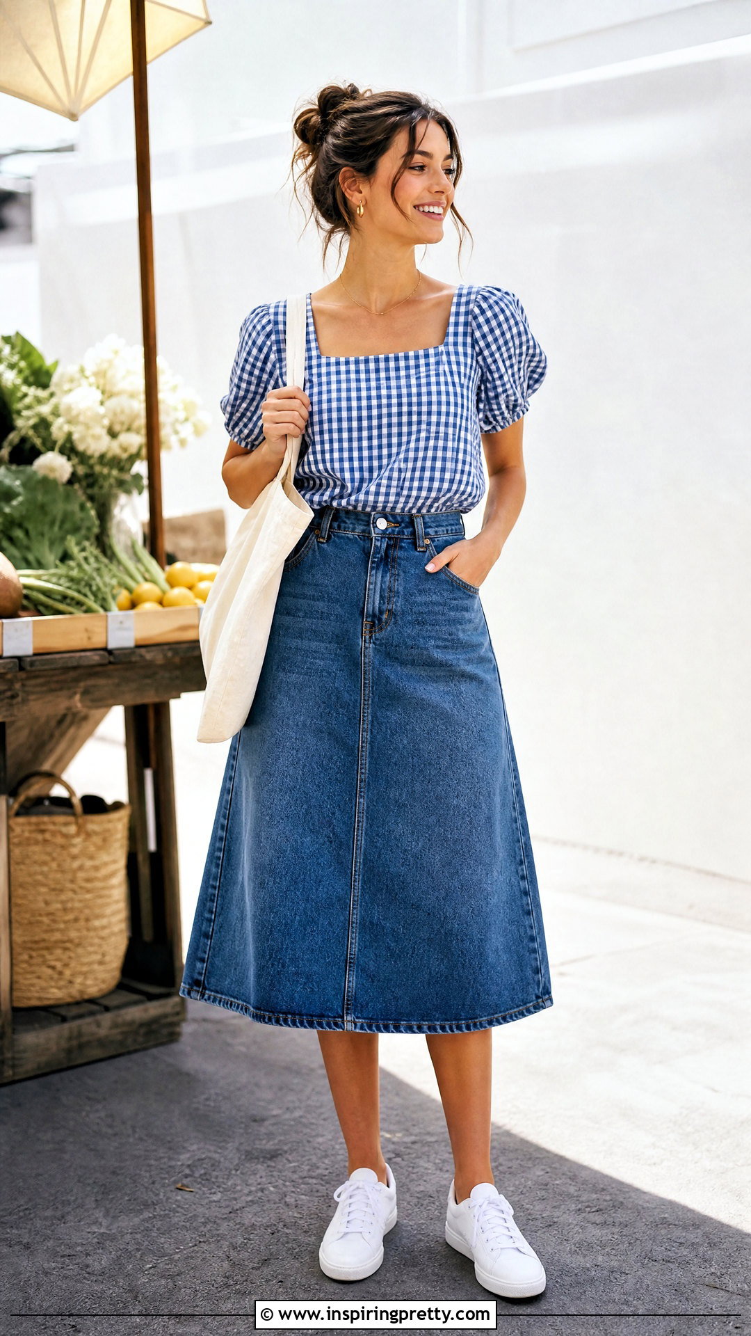 Gingham Top With Denim Skirt - 50 pinterest tops outfit ideas