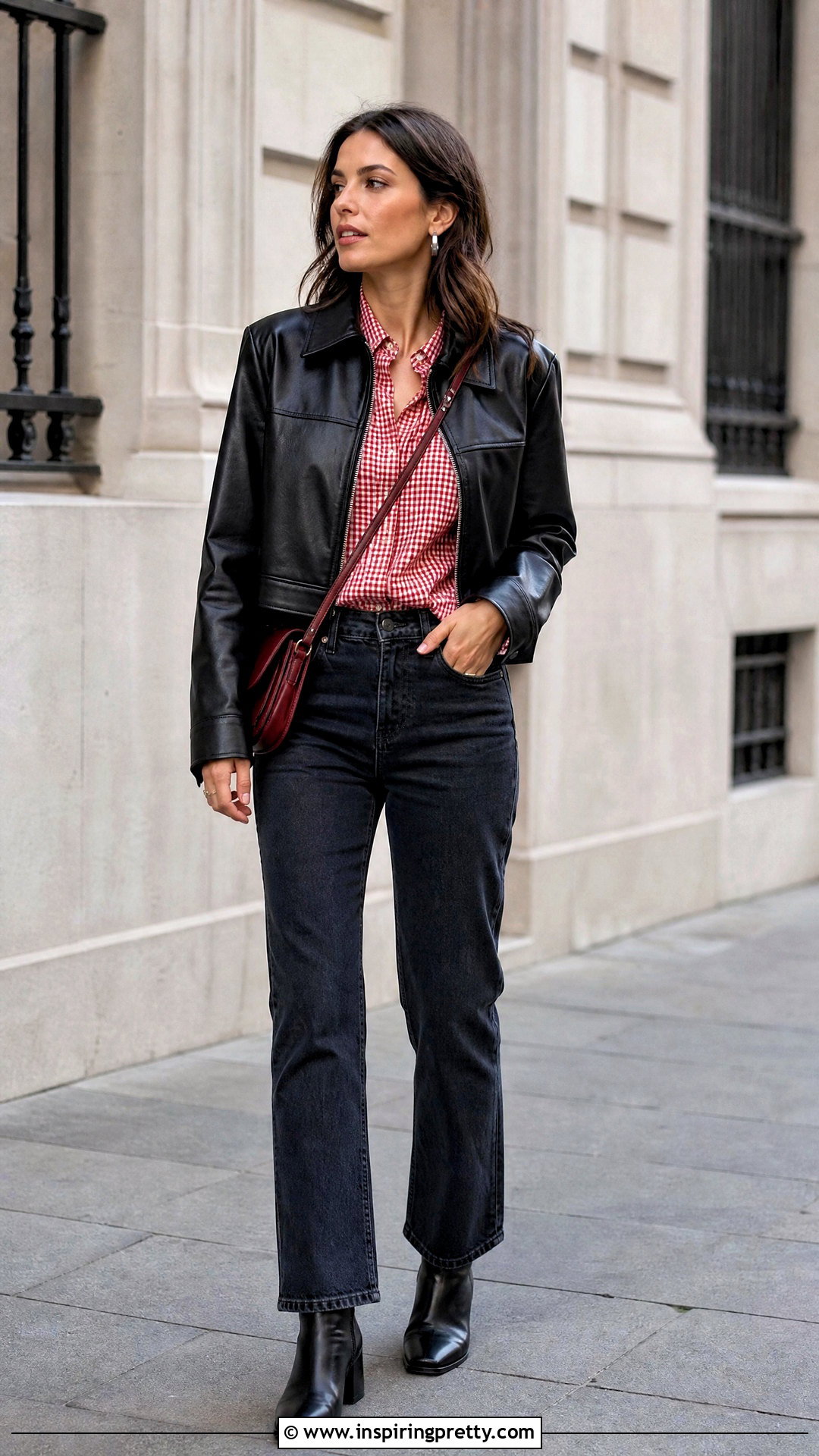 Gingham Top With Leather Jacket And Jeans - how to style gingham tops (20 ways)