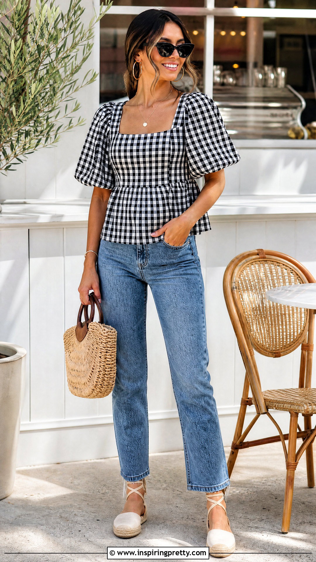 Gingham Top With Straight Jeans - 50 tops designs for jeans