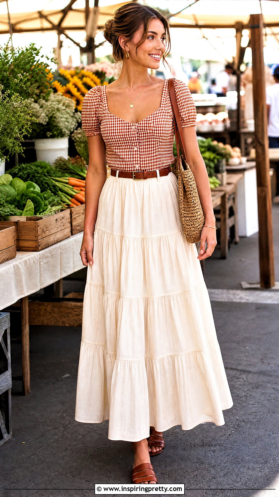 Gingham Top With Tiered Maxi Skirt - how to style gingham tops (20 ways)
