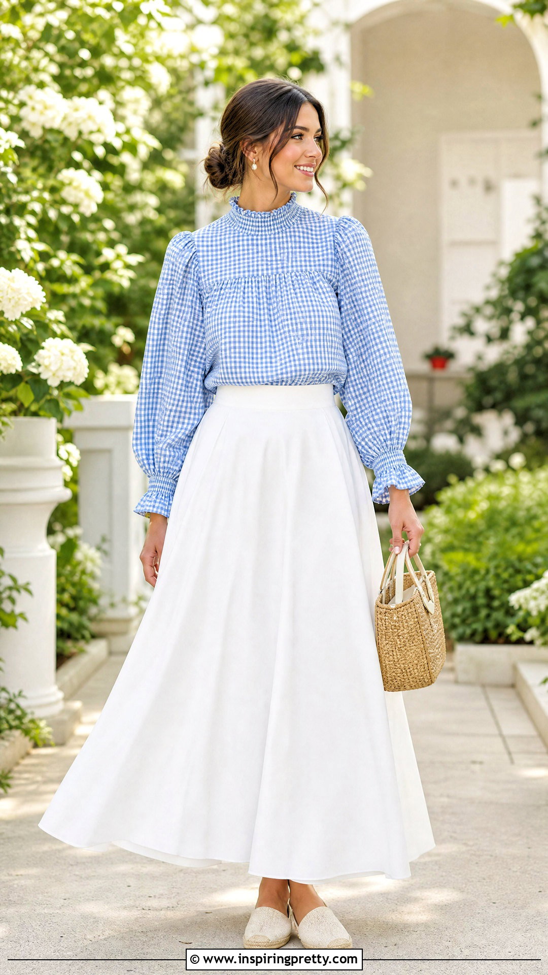 Gingham Top With White Maxi Skirt - 50 modest summer tops outfit ideas