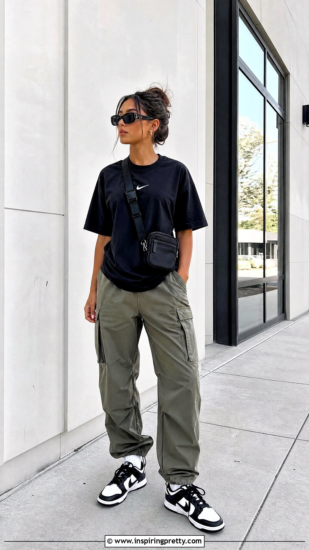 Girls Black Nike Tee With Cargo Pants - 20 girls nike tops outfit ideas