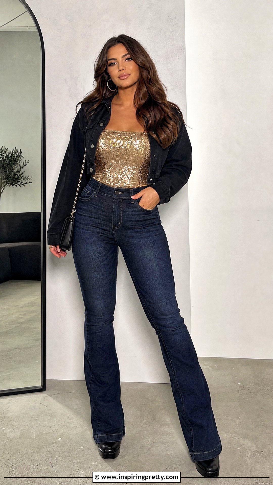 Glitter Top With Flared Jeans - 50 glitter tops outfit ideas