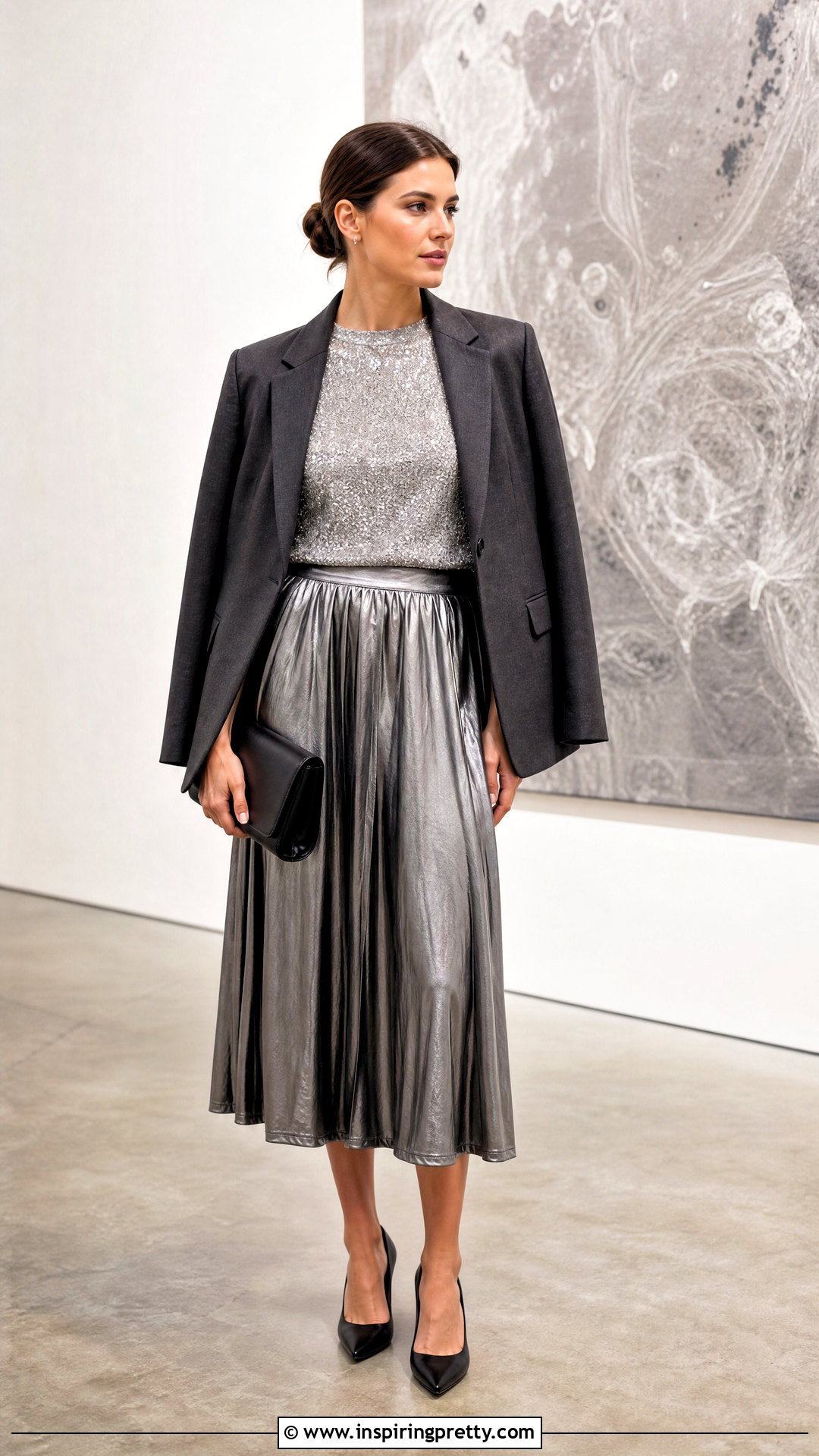 Glitter Top With Metallic Midi Skirt - 50 glitter tops outfit ideas