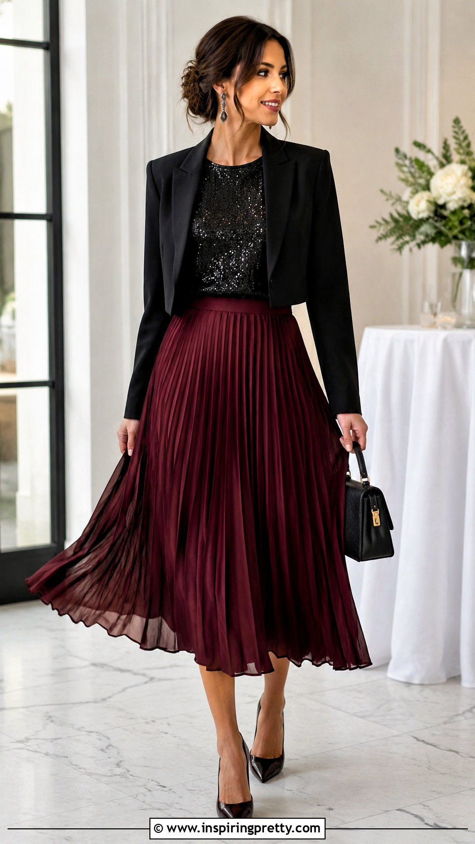 Glitter Top With Pleated Midi Skirt - 20 Glitter Going Out Tops outfit ideas