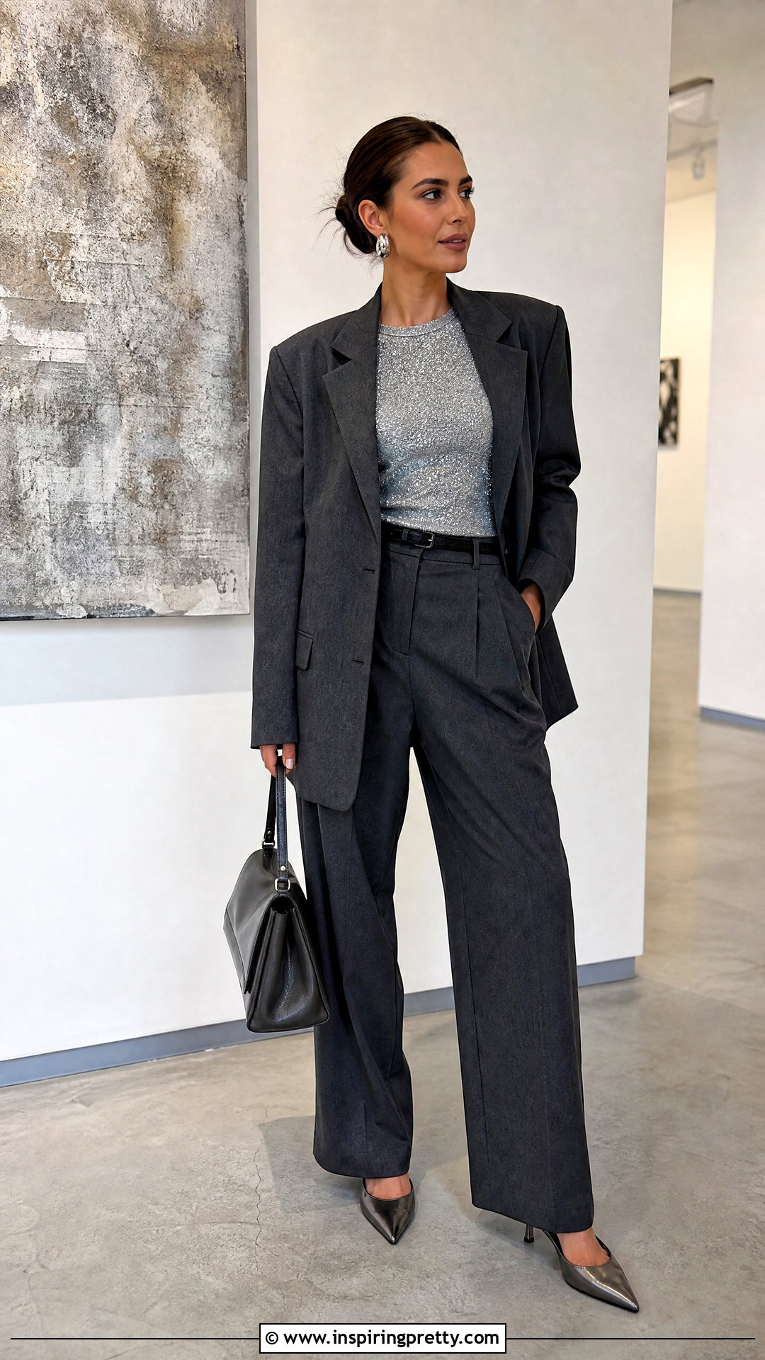 Glitter Top With Pleated Trousers - 50 glitter tops outfit ideas