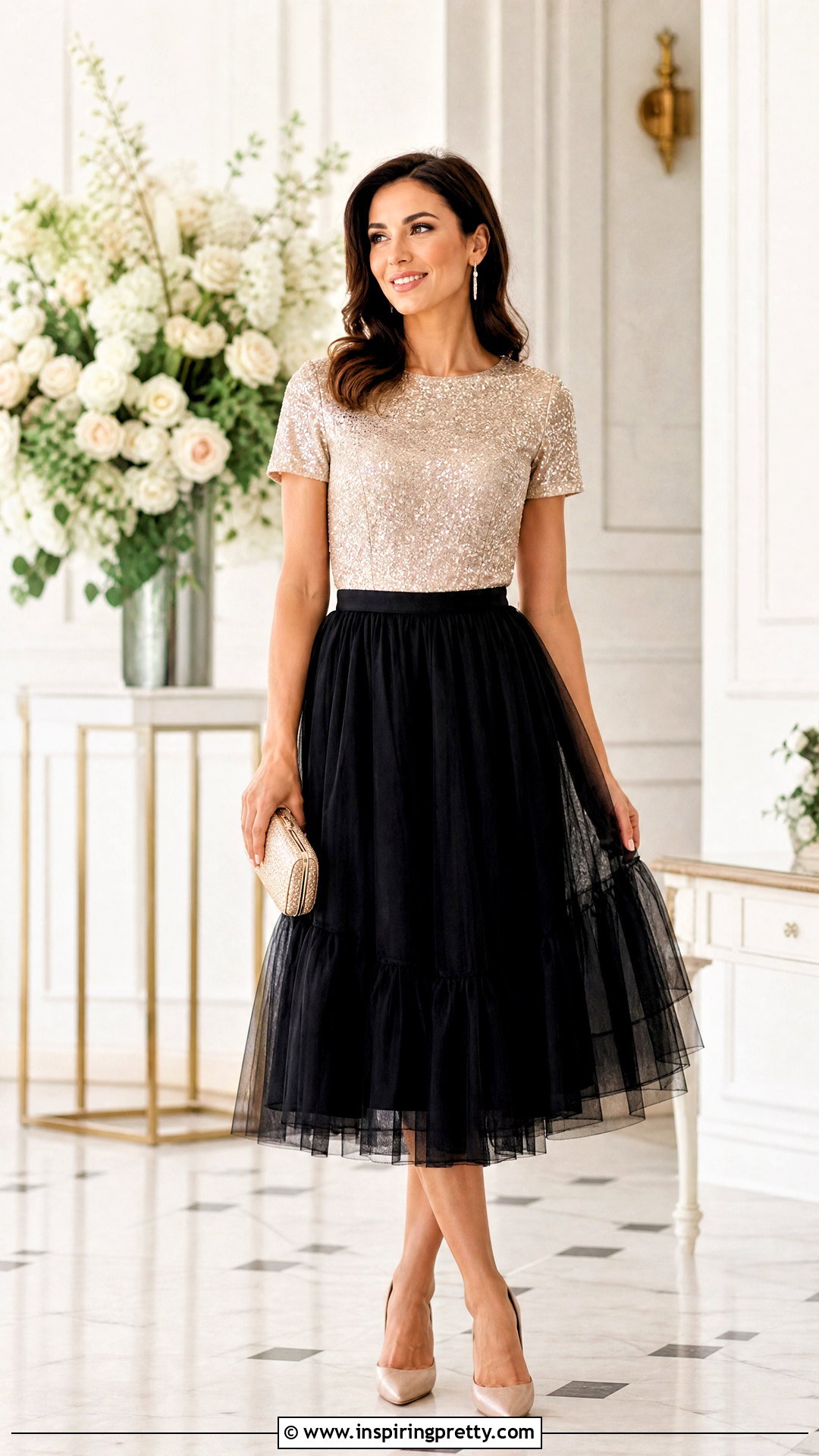 Glitter Top With Tulle Midi Skirt - 50 glitter tops outfit ideas