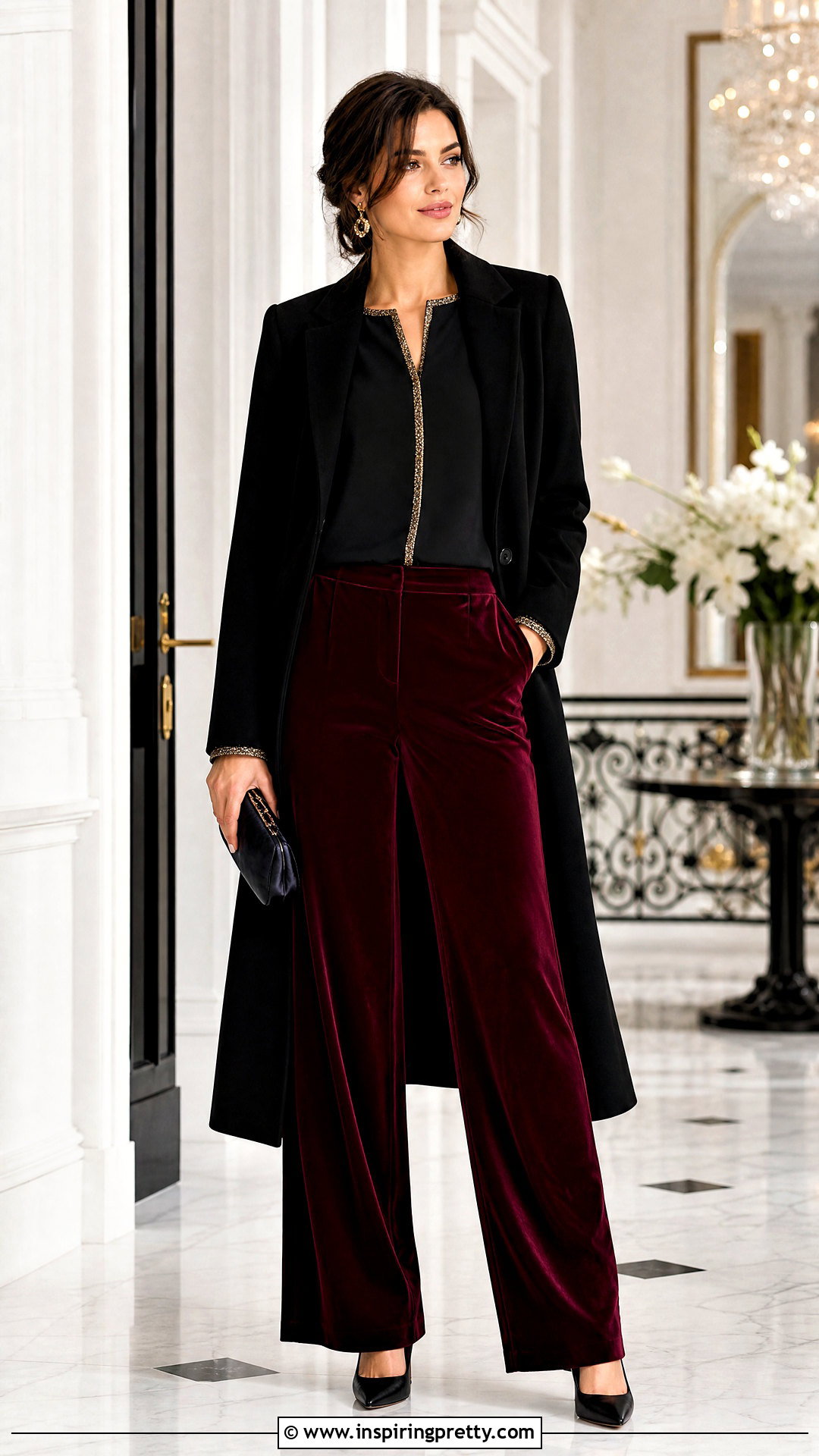 Glitter Trim Top With Velvet Pants - 20 glitter trim fashion top outfit ideas