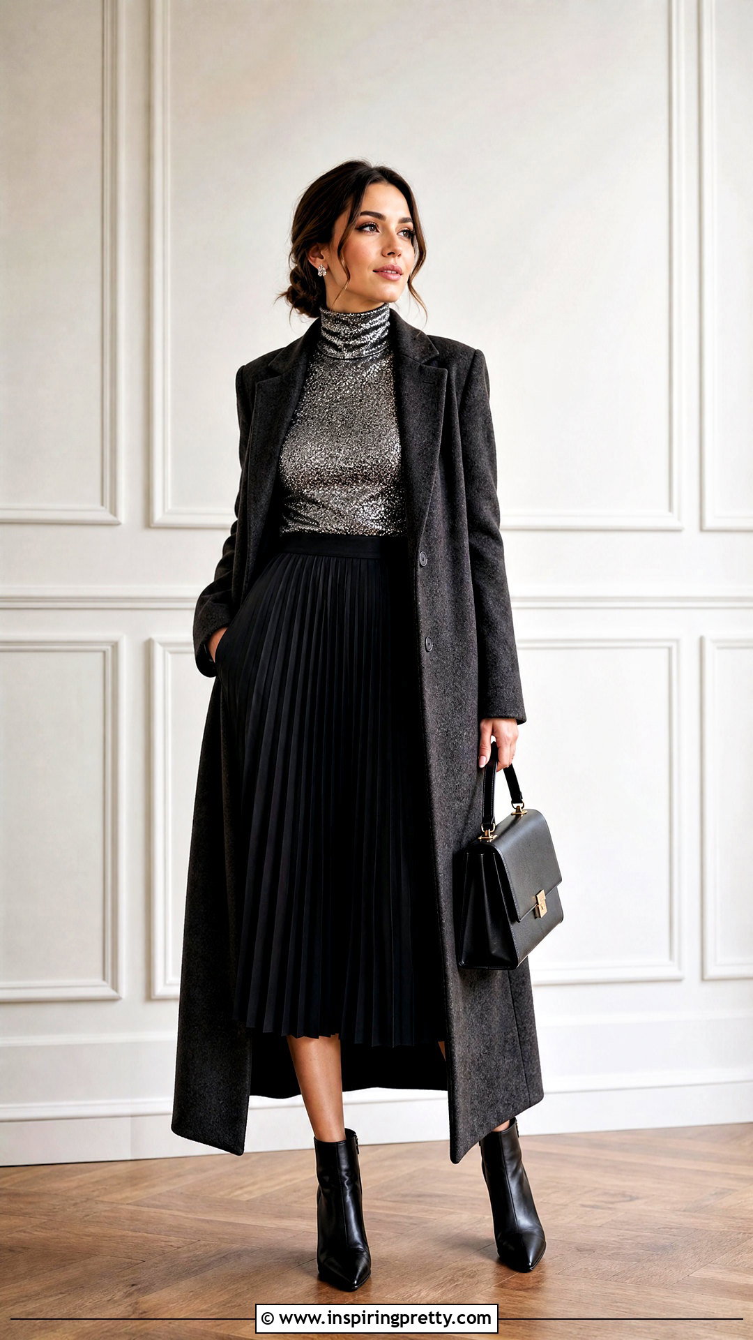 Glitter Turtleneck With Pleated Midi Skirt - 50 glitter tops outfit ideas