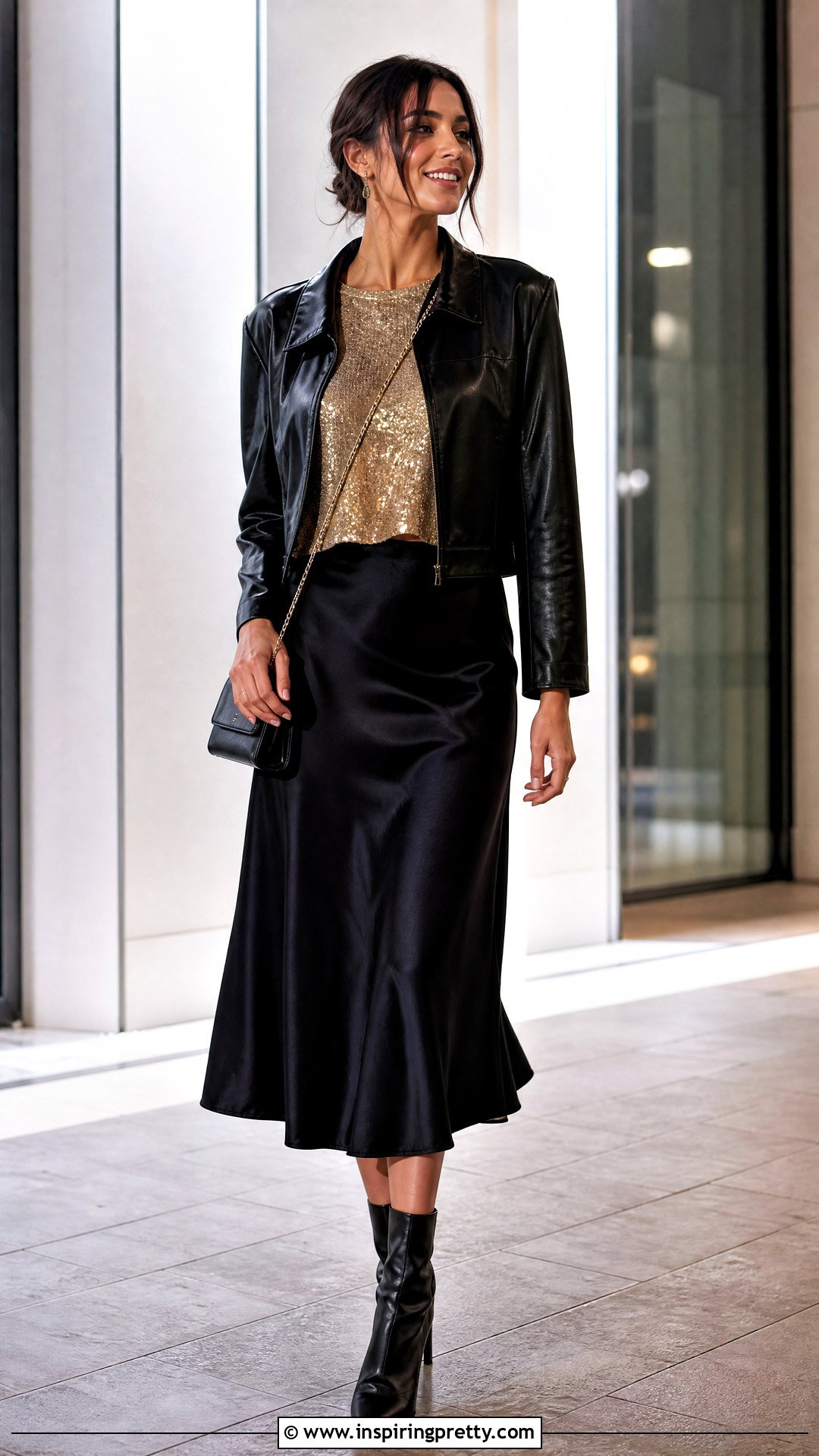 Glittery Top With Leather Jacket And Midi Skirt - 50 glittery top outfits