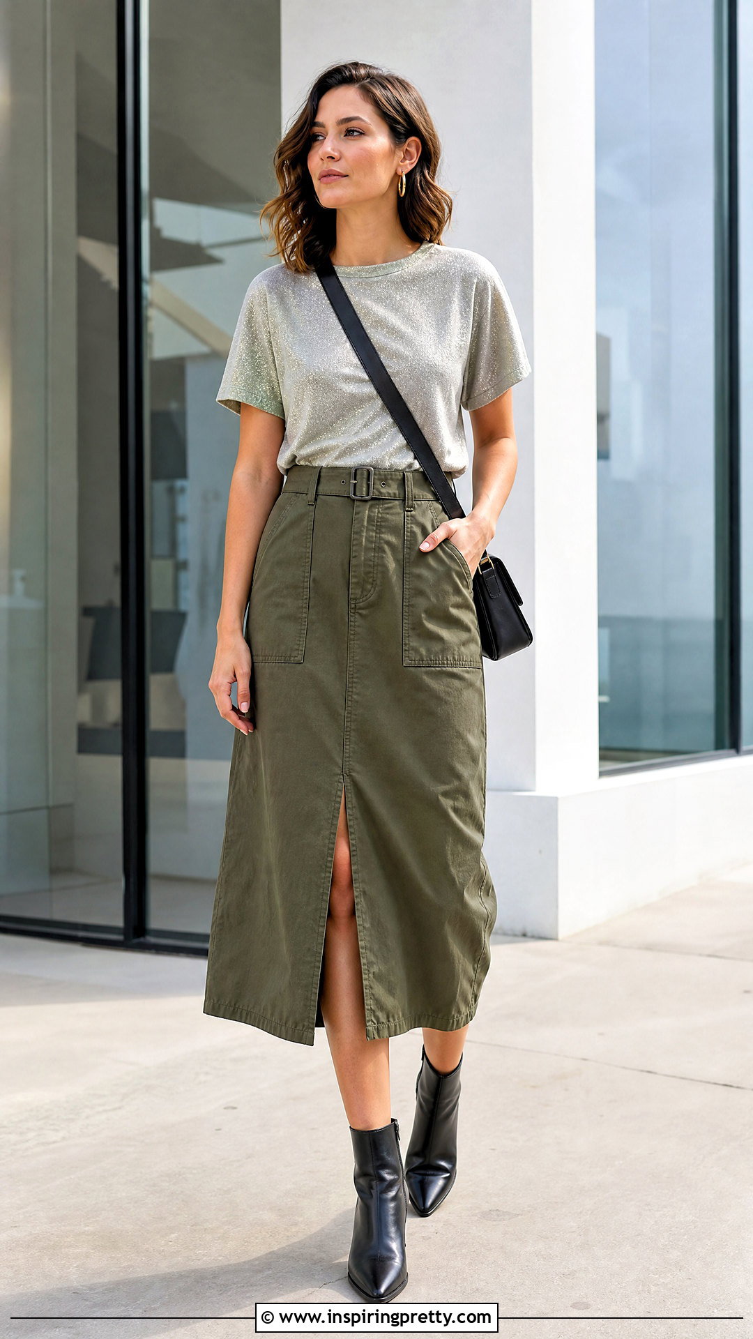 Glittery Top With Utility Midi Skirt - 50 glittery top outfits