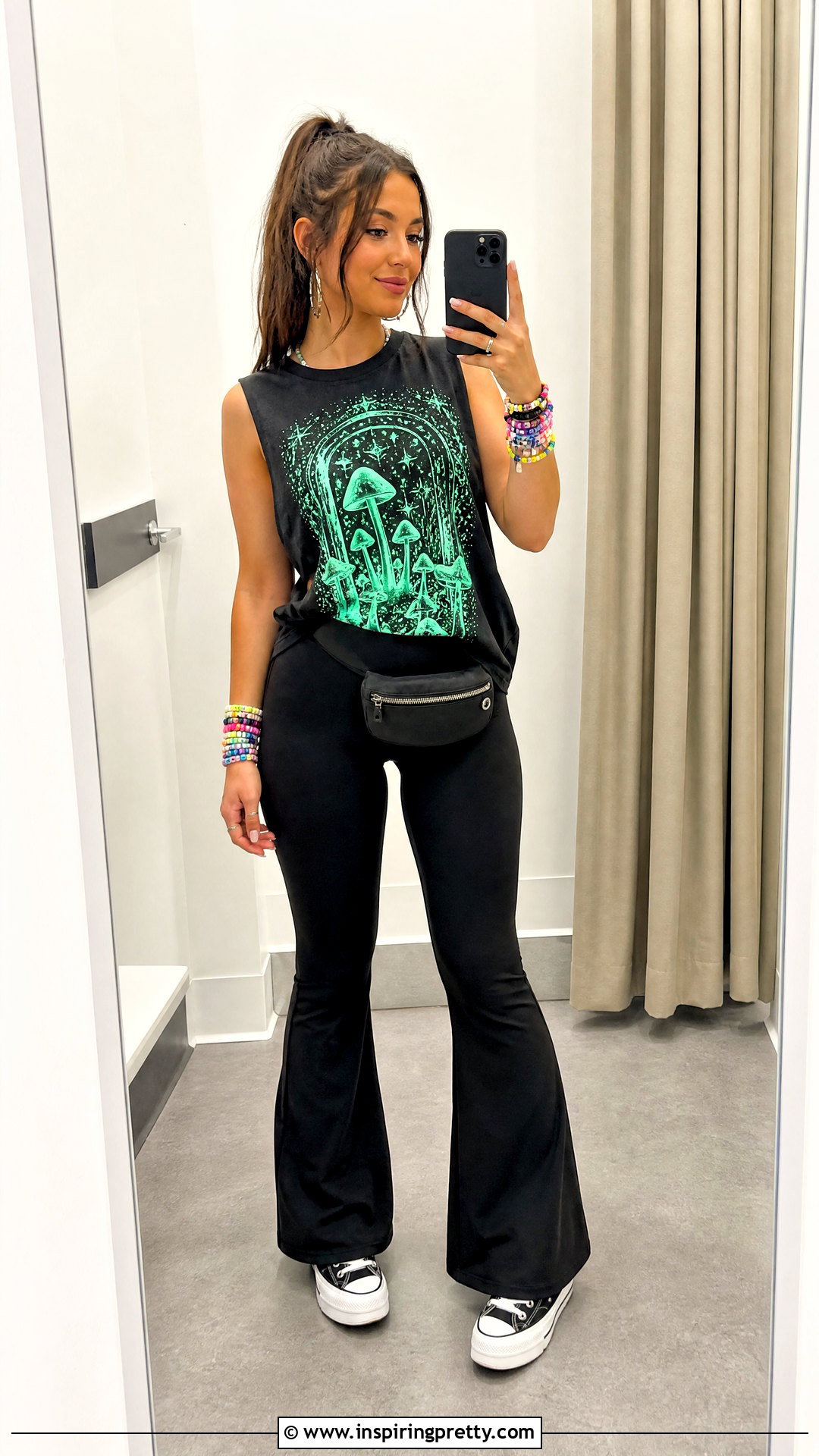 Glow in the Dark Tank Top With Black Flared Leggings - 25 glow in the dark tank top outfit ideas