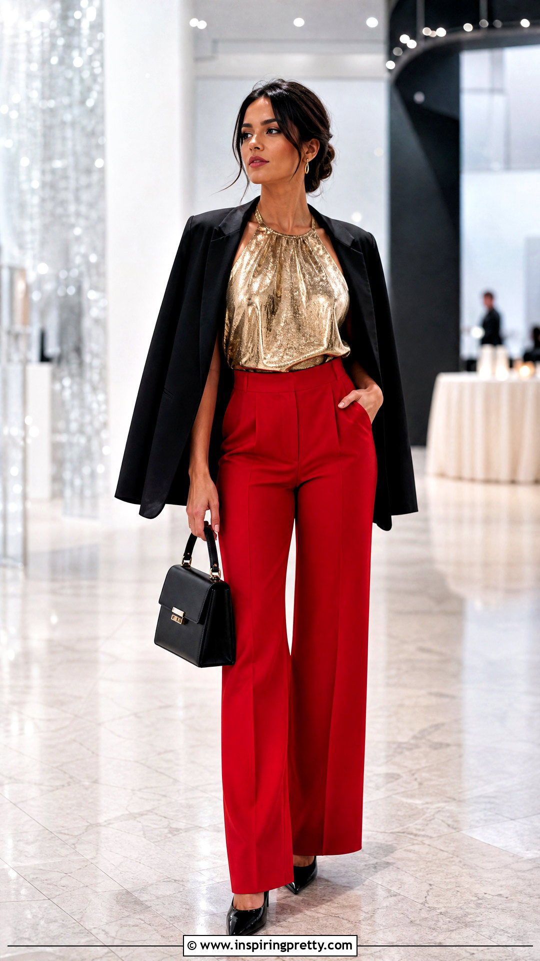Go For Gold Urban Top With Red Trousers - 20 Go For Gold Urban Top Outfit ideas