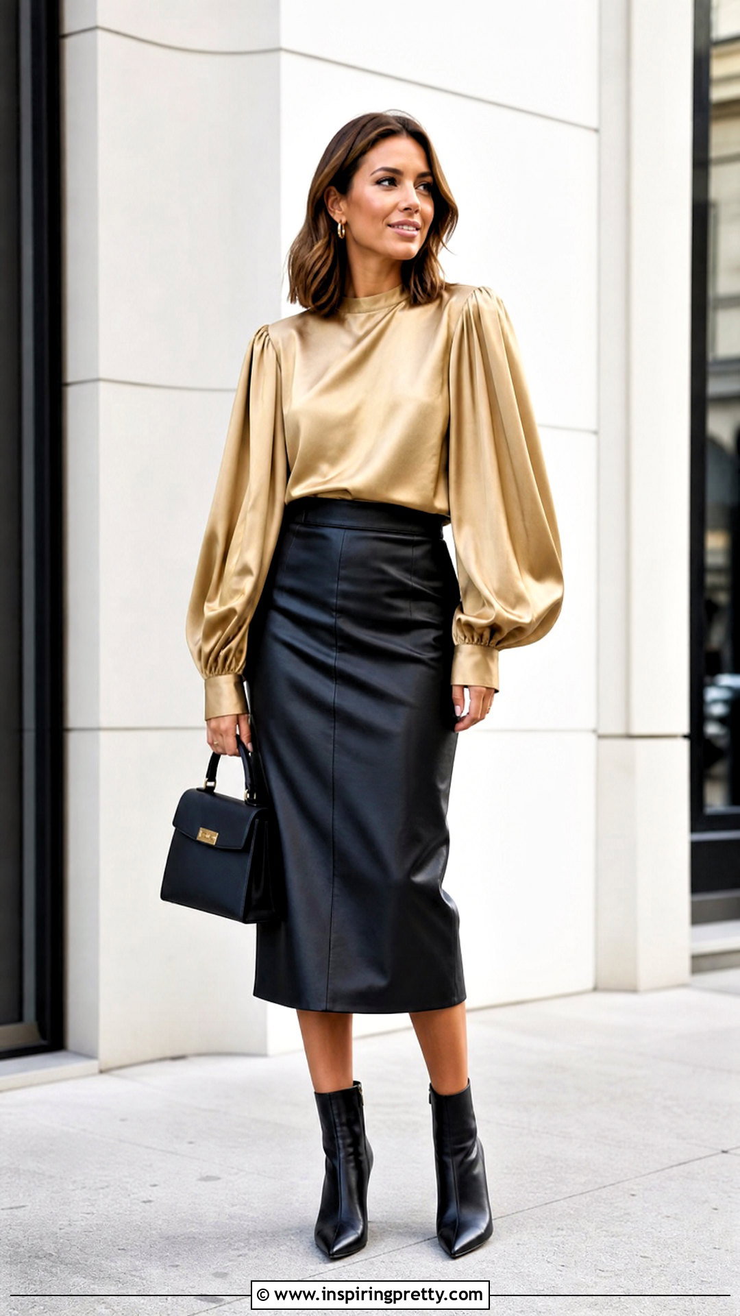 Gold Balloon Sleeve Top With Leather Skirt - 50 gold tops designs