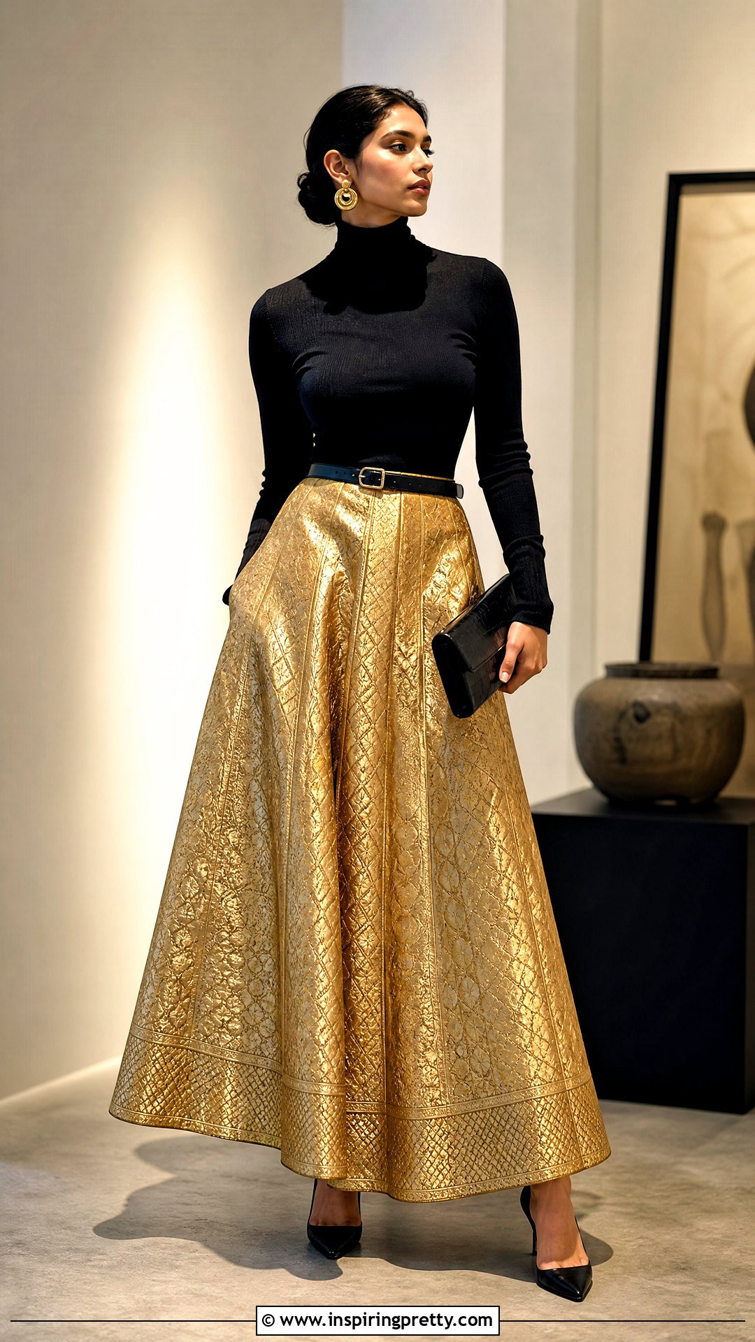 Gold Banarasi Skirt With Black Turtleneck - 50 banarasi skirt and top outfit ideas