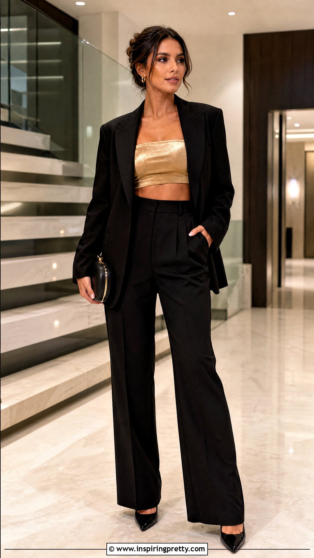 Gold Bandeau Top With Black Suit - 50 gold tops designs