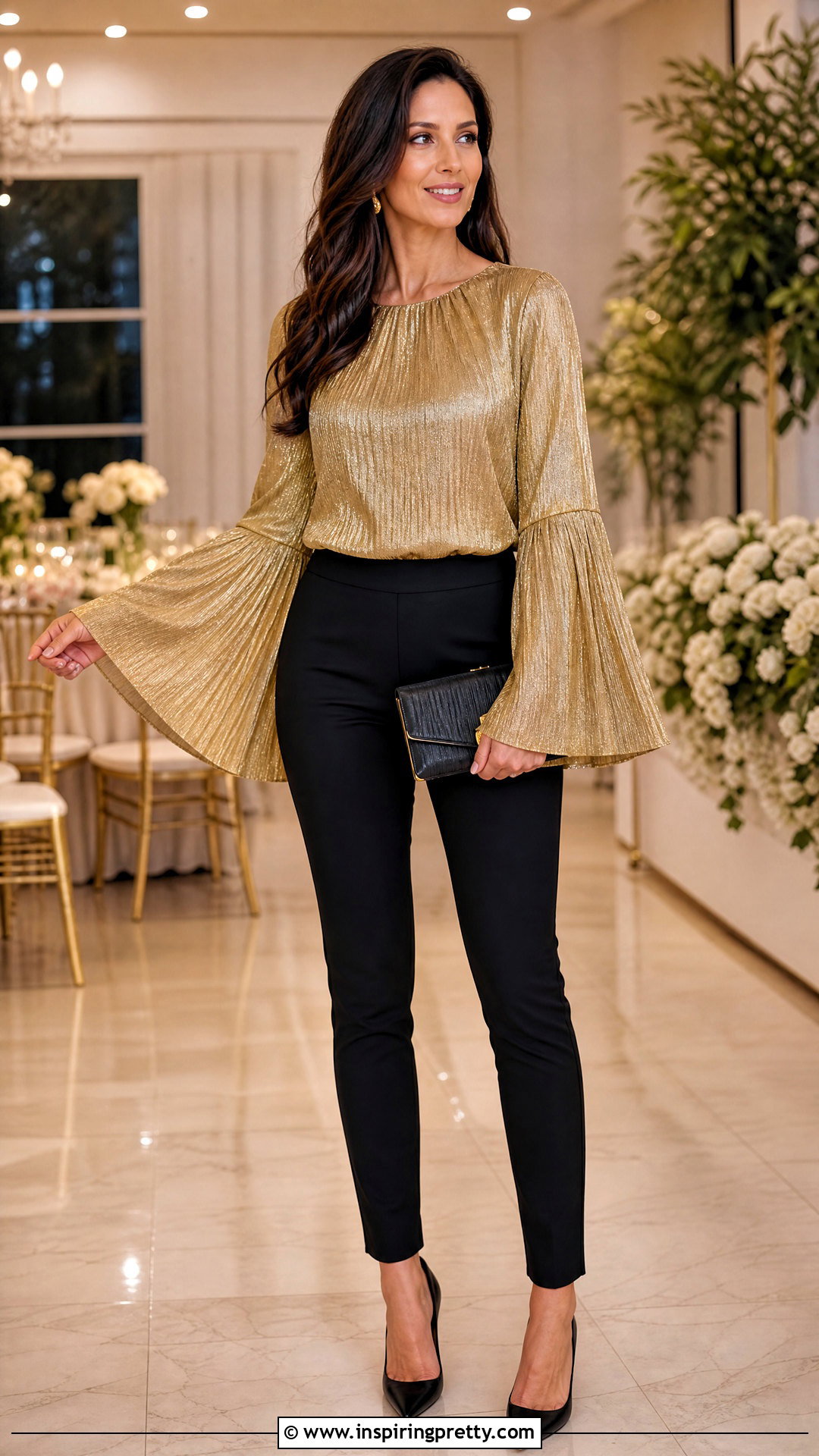 Gold Bell Sleeve Top With Pencil Pants - 50 gold tops designs