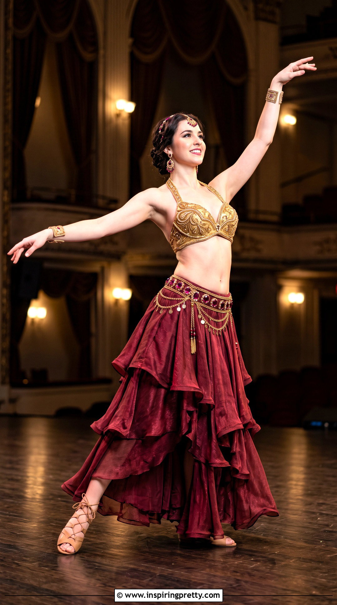 Gold Belly Dancing Top With Burgundy Skirt - 25 belly dancing tops outfit ideas
