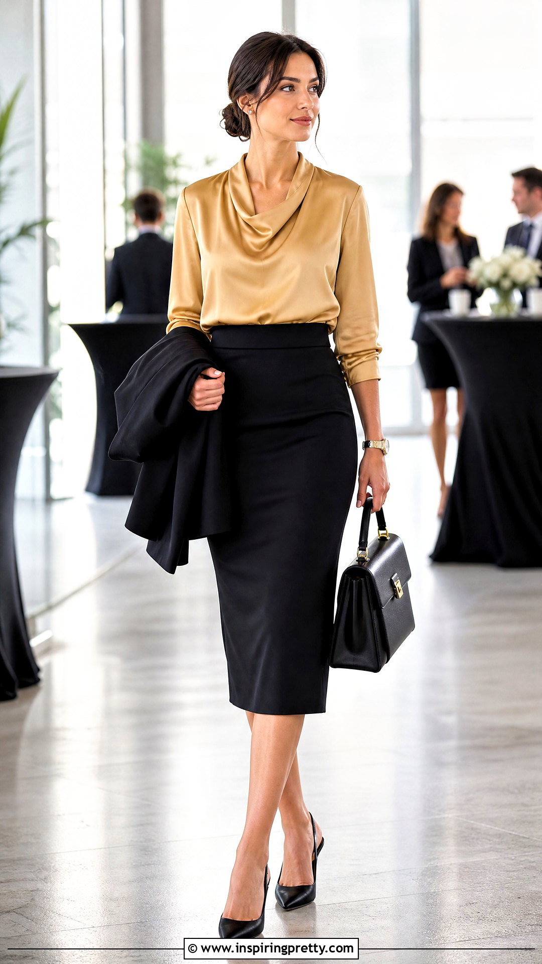 Gold Blouse With Black Pencil Skirt - how to style gold tops (20 ways)